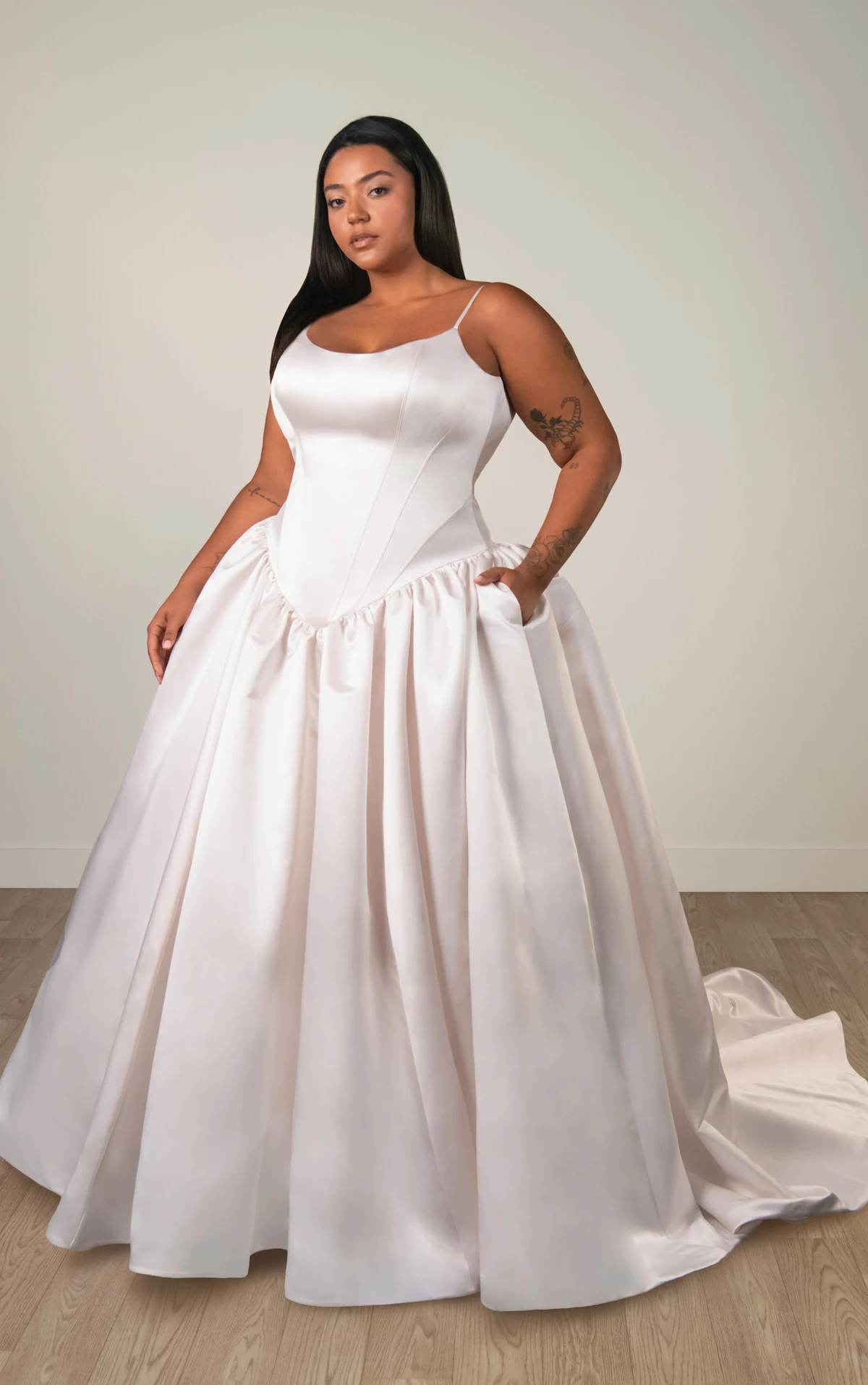 sy8334 Scoop Neckline Soft Satin Ballgown with Basque Waist and Pockets by Stella York
