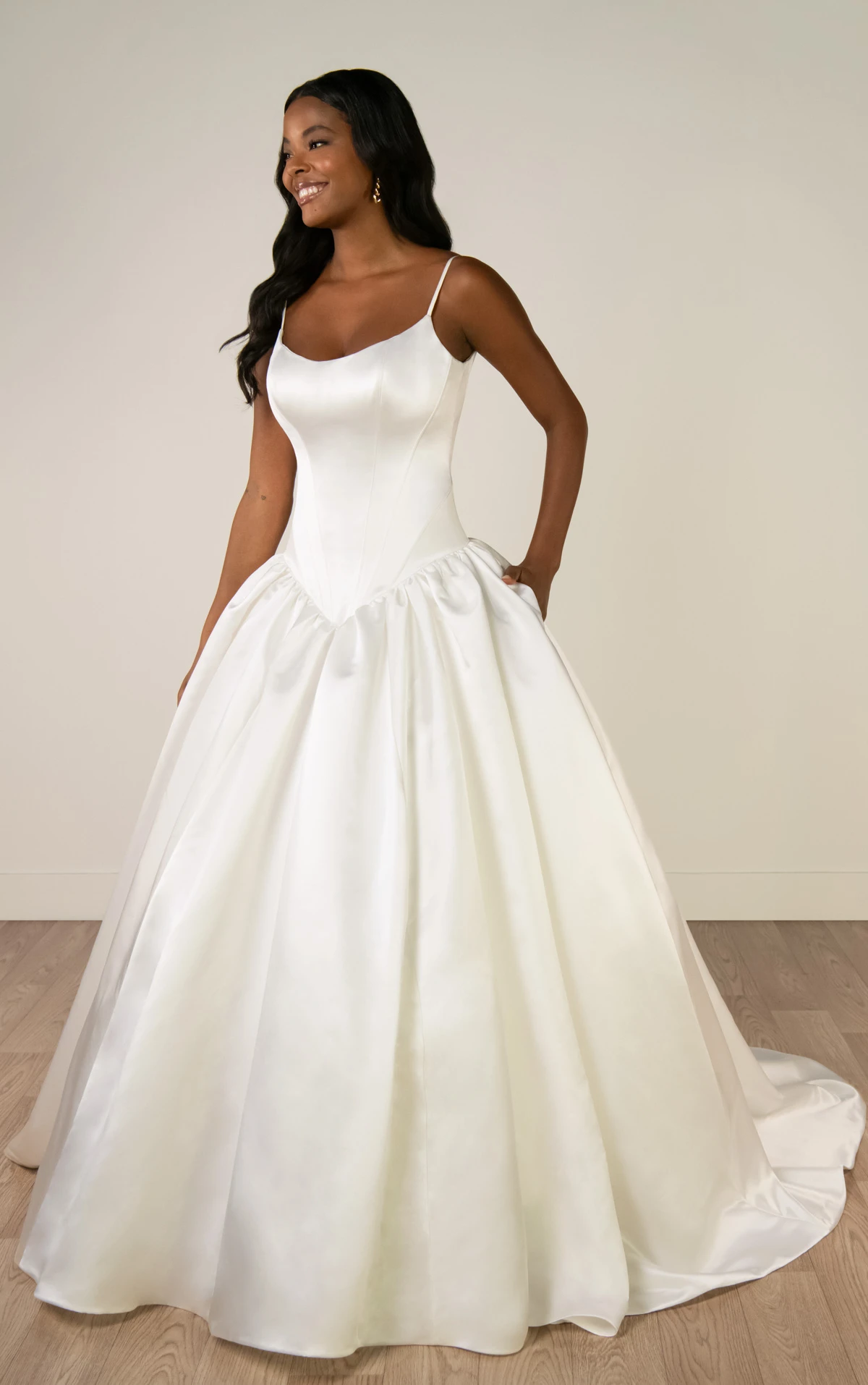 sy8334 Scoop Neckline Soft Satin Ballgown with Basque Waist and Pockets by Stella York