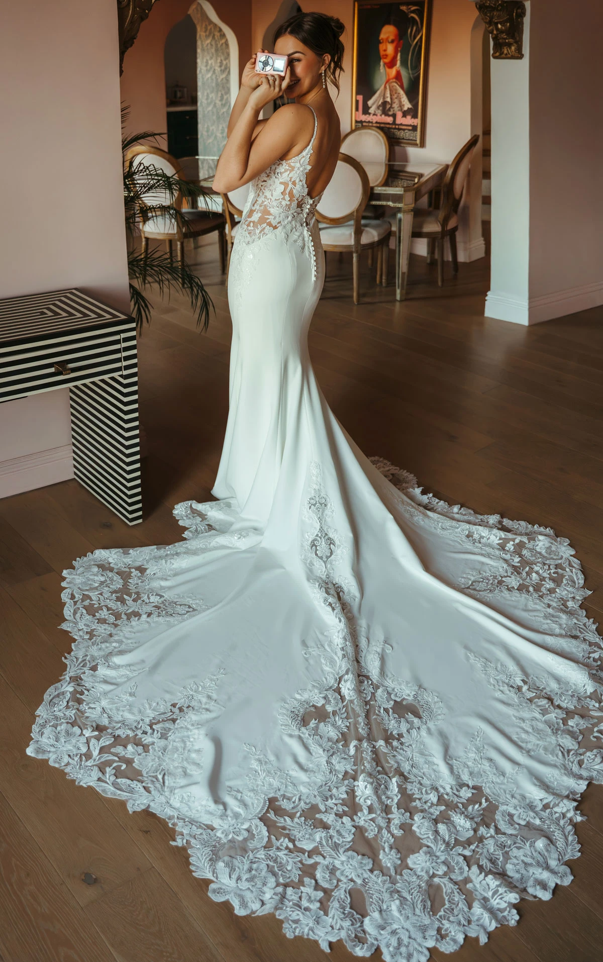 Romantic Lace and Crepe Sheath Wedding Gown with Illusion Side Cutouts, SY8340, byStella York