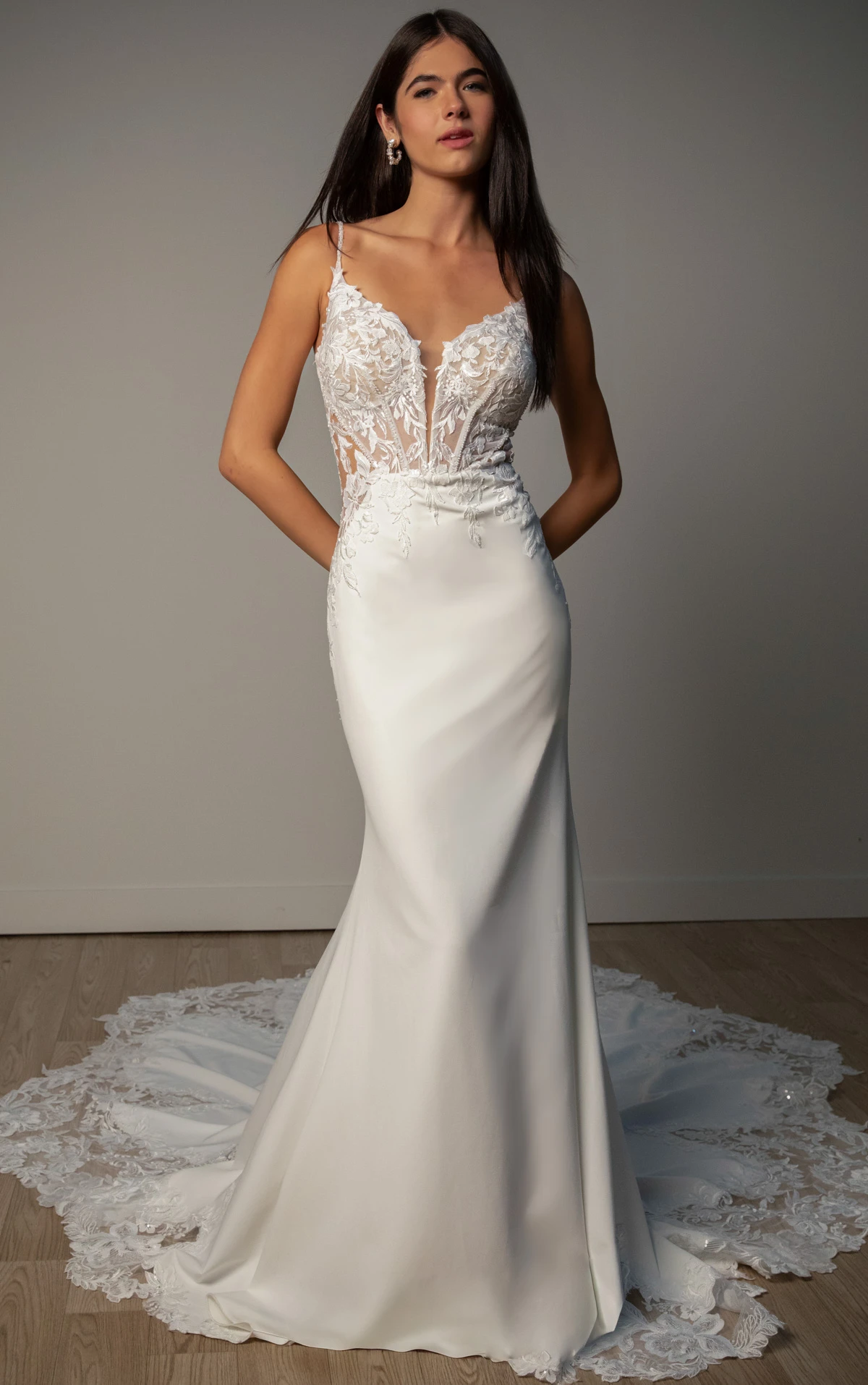 sy8340 Romantic Lace and Crepe Sheath Wedding Gown with Illusion Side Cutouts by Stella York