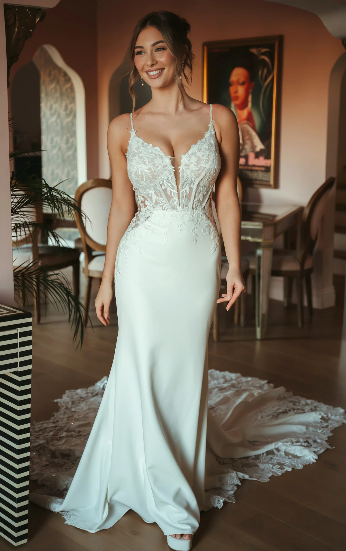sy8340 Romantic Lace and Crepe Sheath Wedding Gown with Illusion Side Cutouts by Stella York