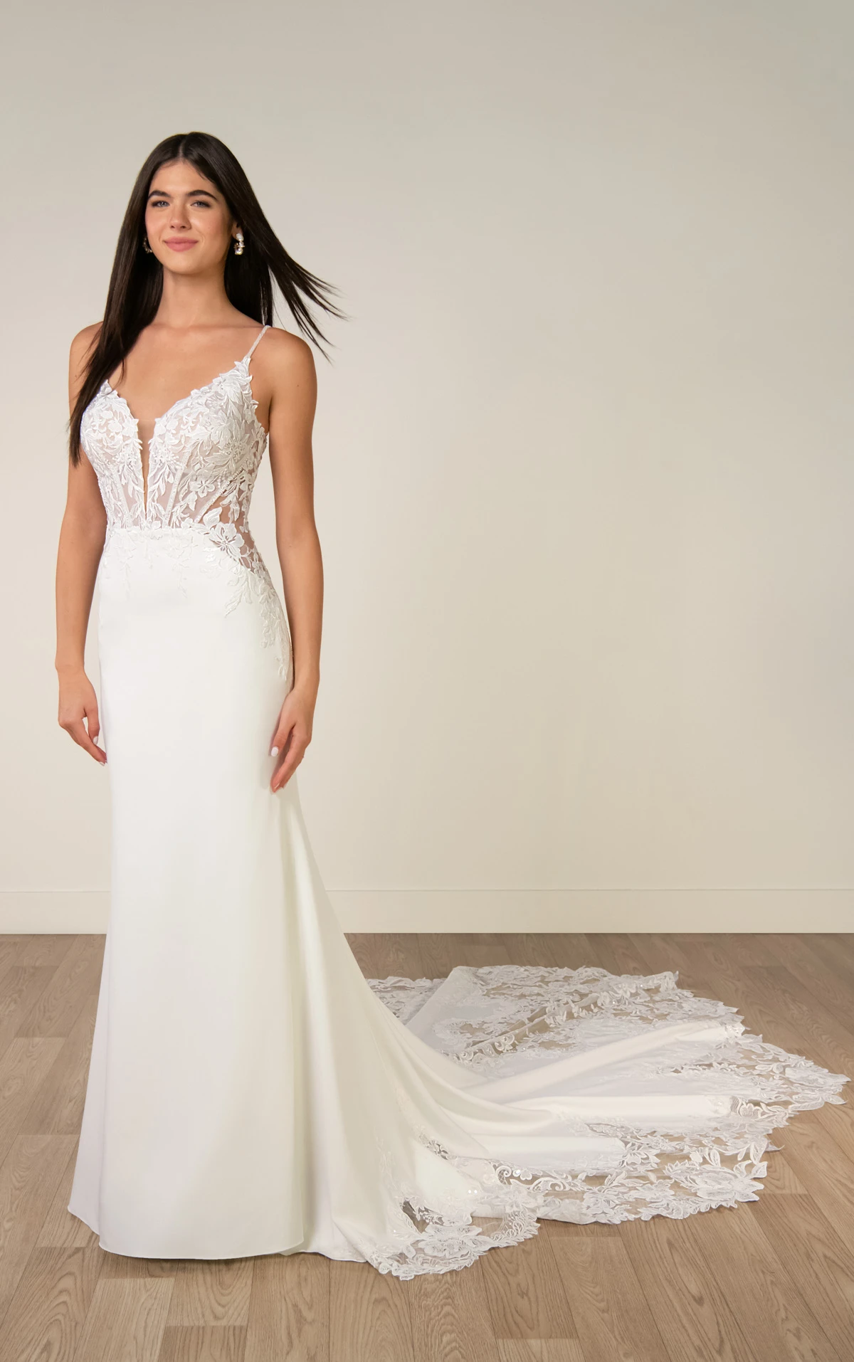 sy8340 Romantic Lace and Crepe Sheath Wedding Gown with Illusion Side Cutouts by Stella York