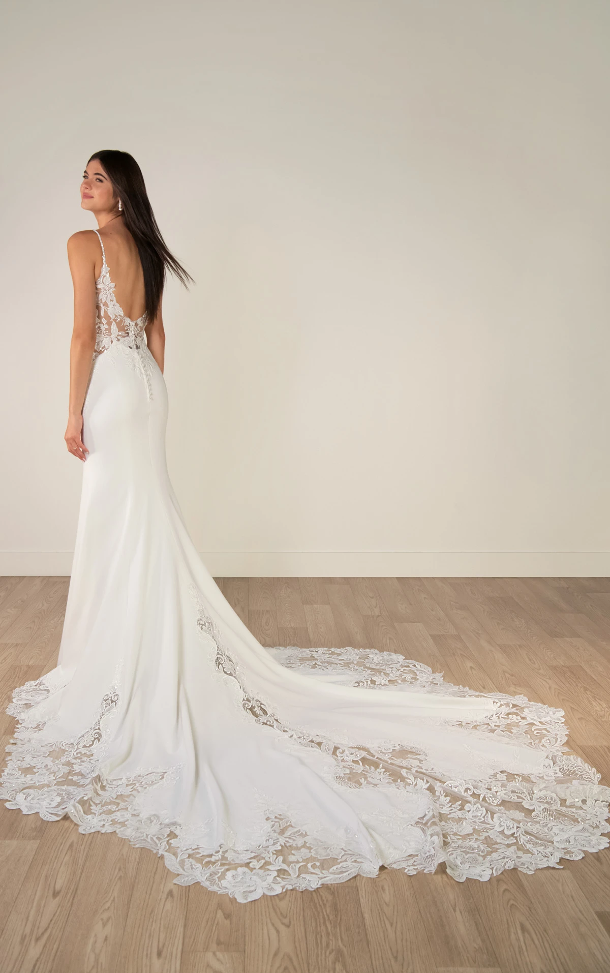 sy8340 Romantic Lace and Crepe Sheath Wedding Gown with Illusion Side Cutouts by Stella York
