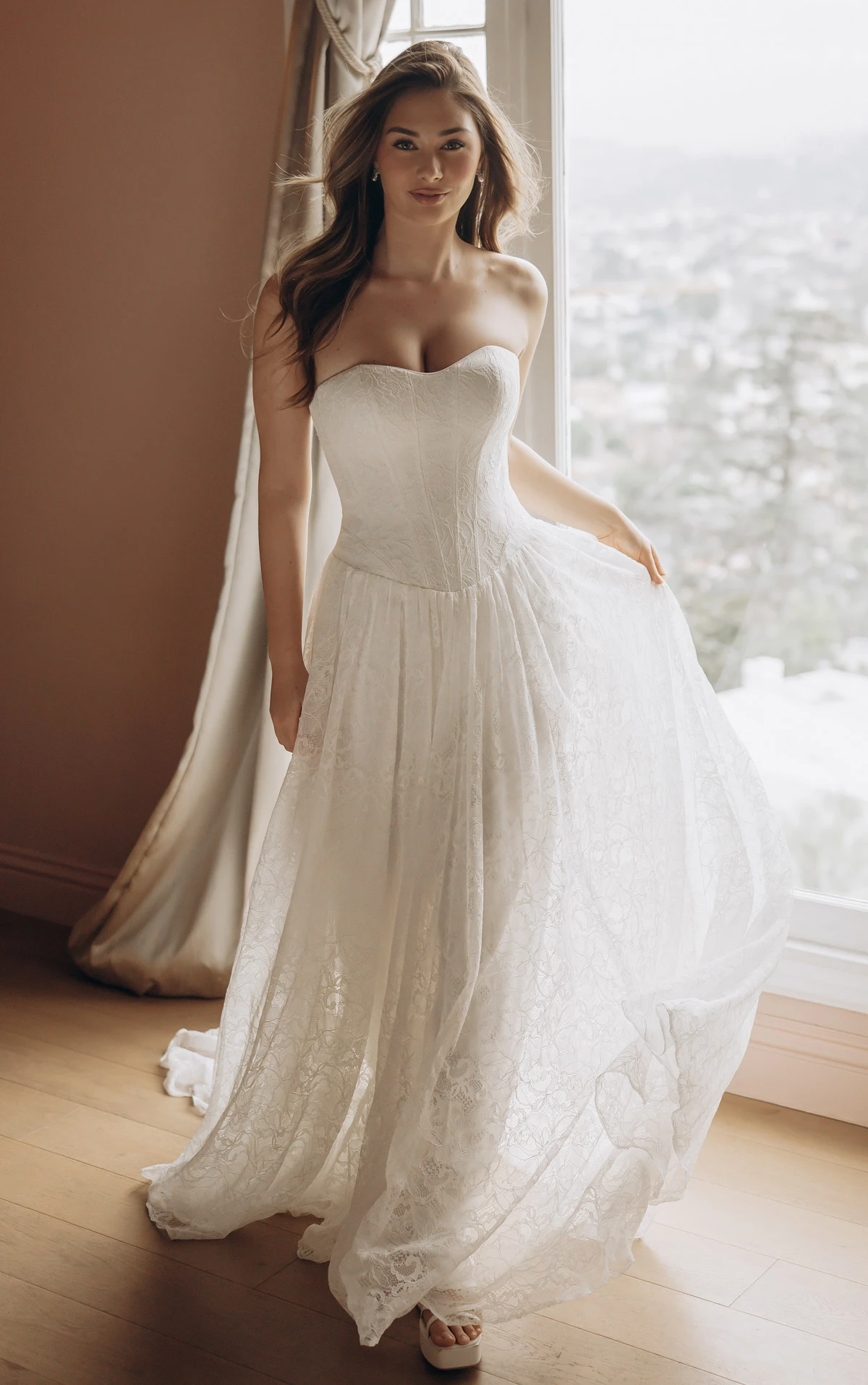 Allover Lace A-Line Wedding Gown with Sweetheart Neckline and Scalloped Train, SY8341, byStella York