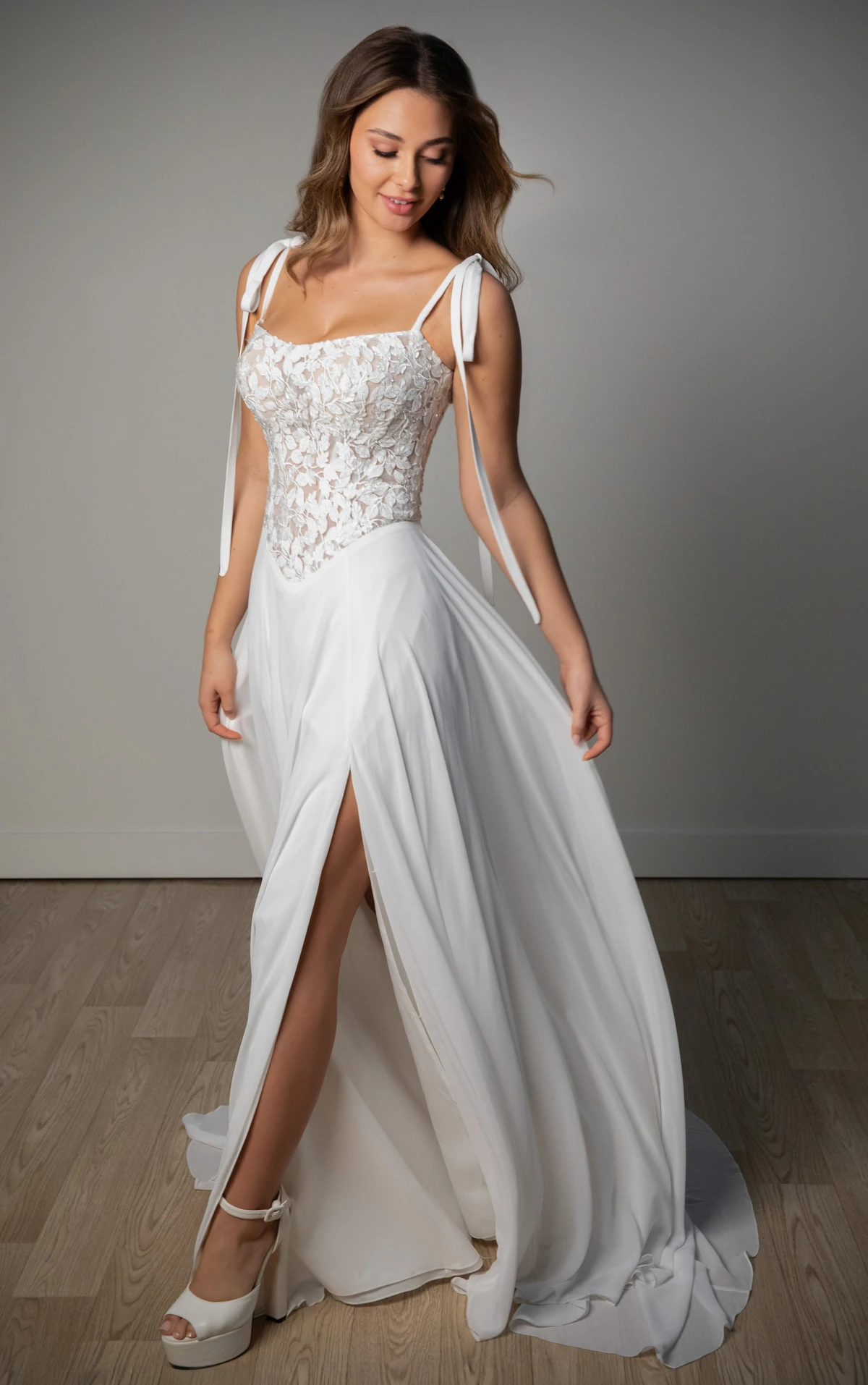 Lace and Matte Chiffon A-Line Wedding Gown with Tie Straps, SY8343, byStella York