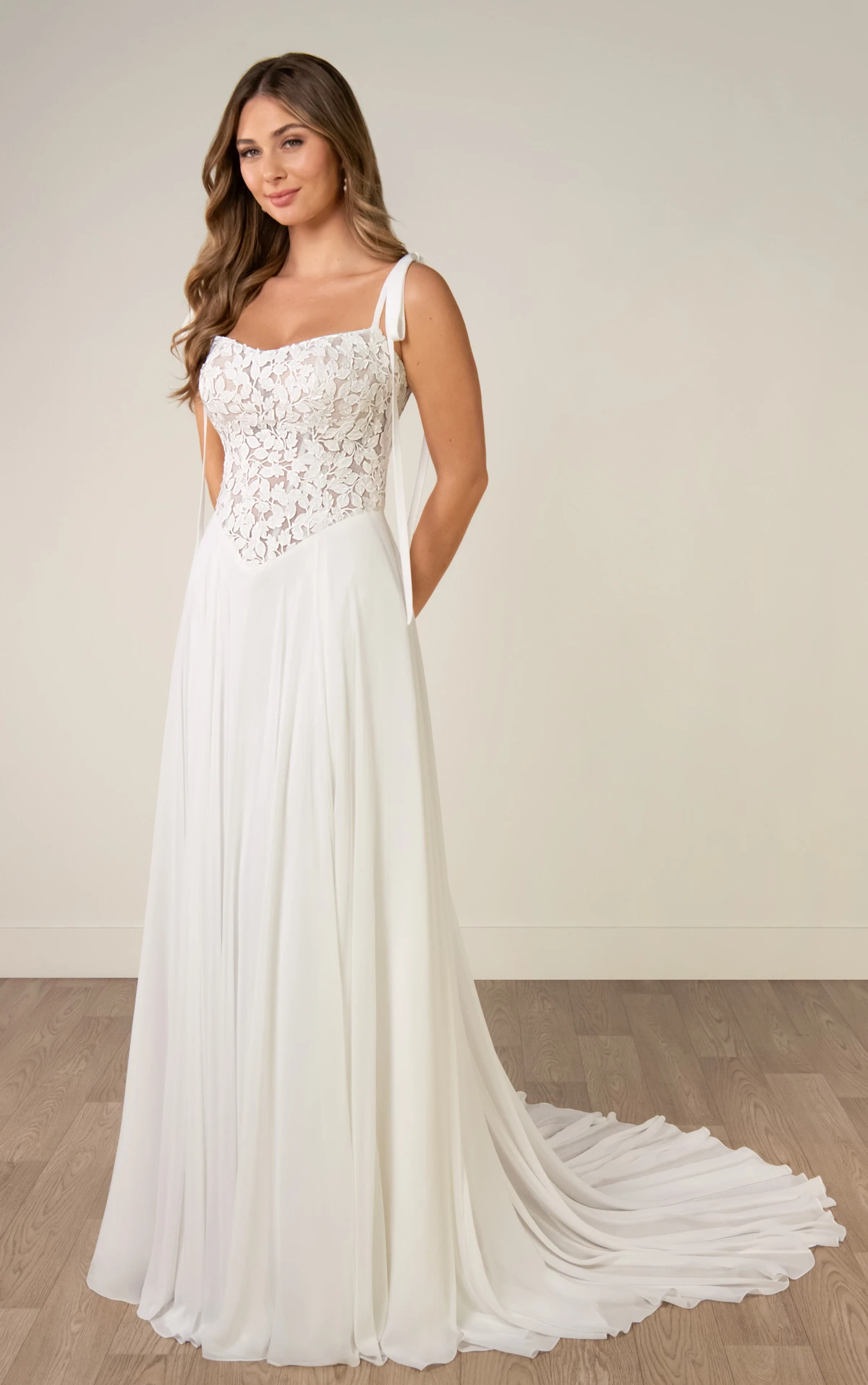 sy8343 Lace and Matte Chiffon A-Line Wedding Gown with Tie Straps  by Stella York
