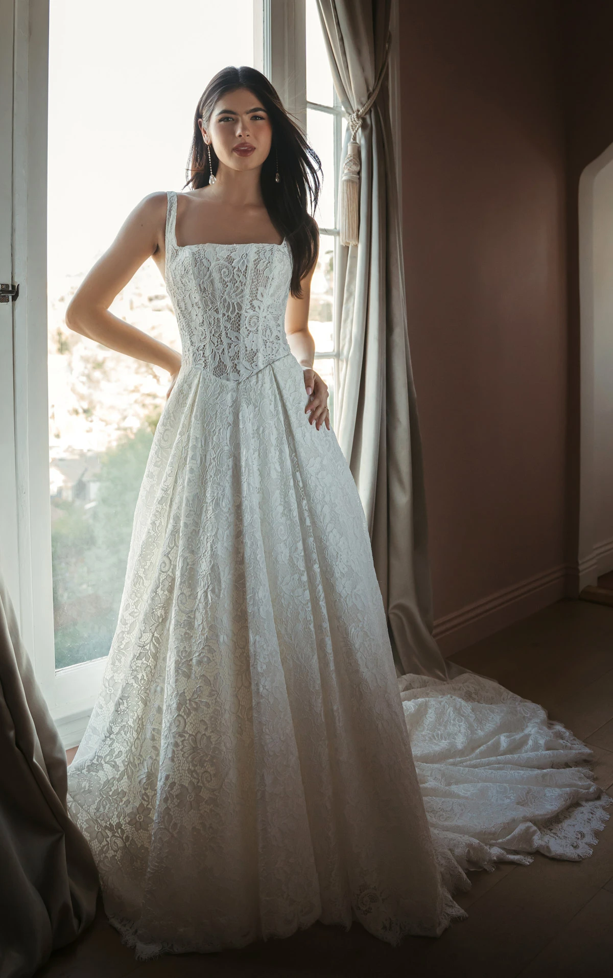 Square Neckline Allover Lace A-Line Wedding Gown with Corset Bodice, SY8344, byStella York