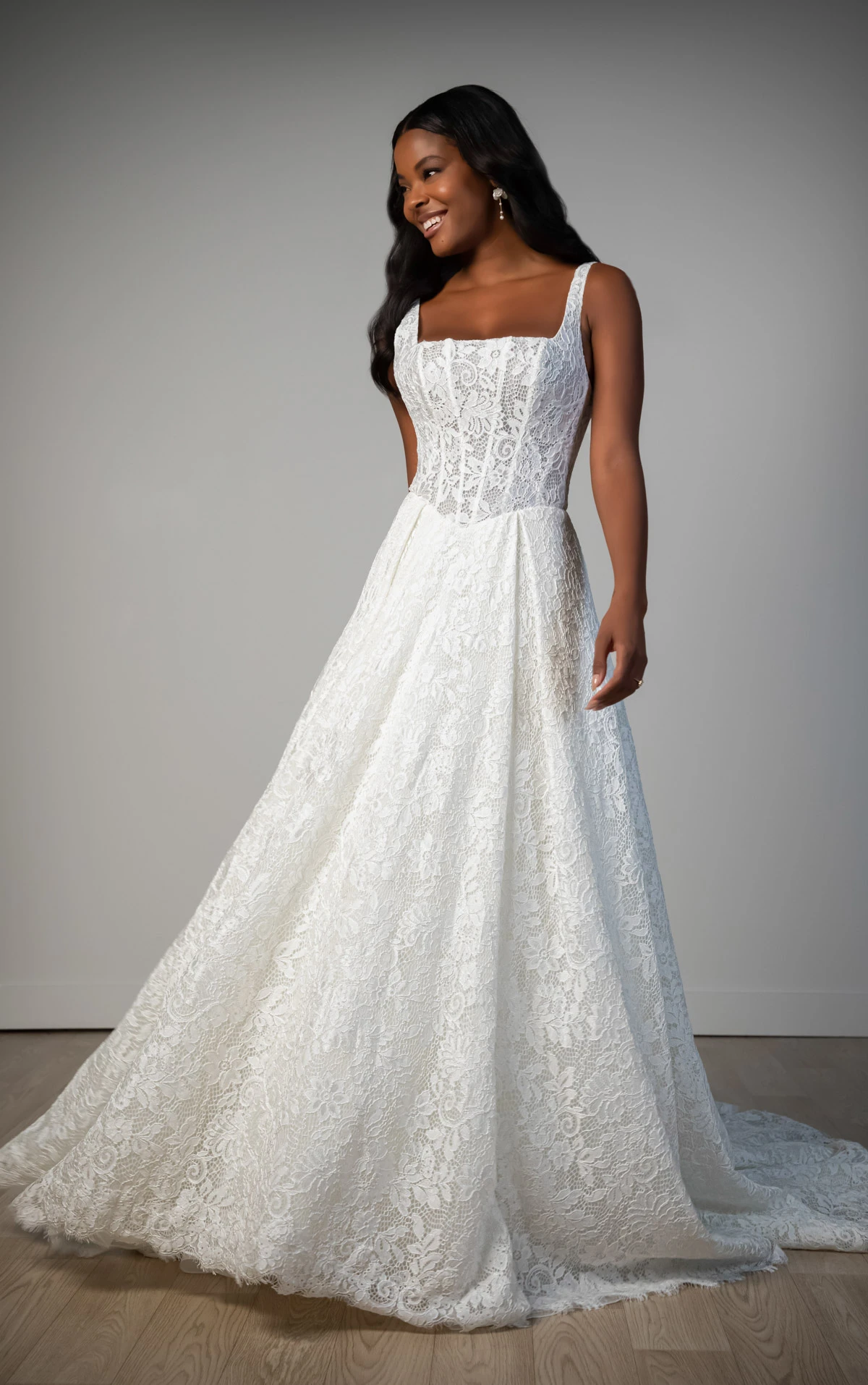 sy8344 Square Neckline Allover Lace A-Line Wedding Gown with Corset Bodice by Stella York