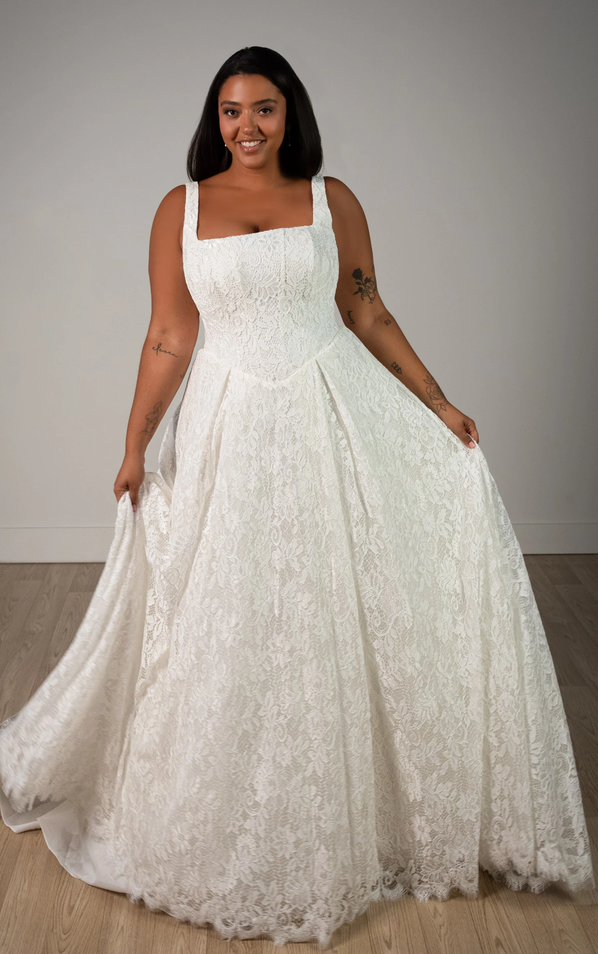 Plus Size Square Neckline Allover Lace A-Line Wedding Gown with Corset Bodice, SY8344+, byStella York