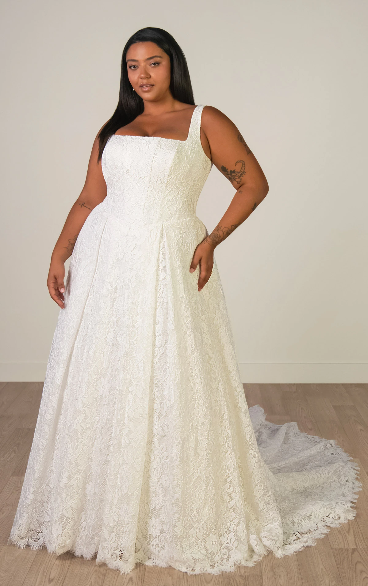 sy8344+ Plus Size Square Neckline Allover Lace A-Line Wedding Gown with Corset Bodice  by Stella York