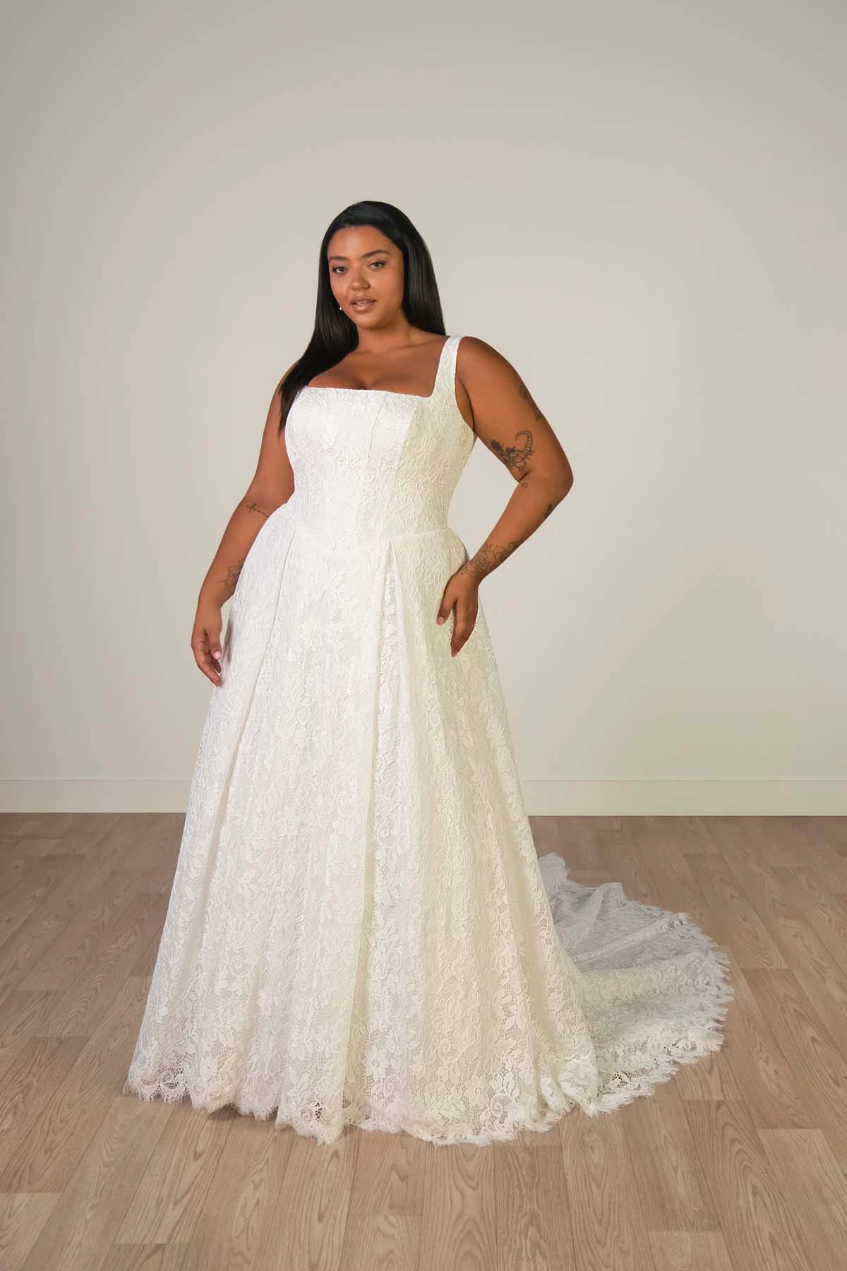 sy8344+ Plus Size Square Neckline Allover Lace A-Line Wedding Gown with Corset Bodice by Stella York