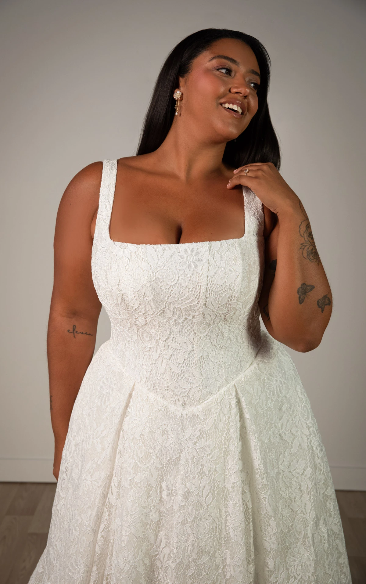 sy8344+ Plus Size Square Neckline Allover Lace A-Line Wedding Gown with Corset Bodice  by Stella York