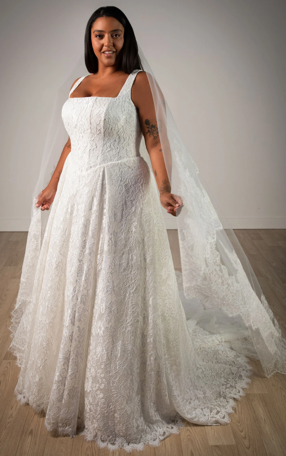 sy8344+ Plus Size Square Neckline Allover Lace A-Line Wedding Gown with Corset Bodice  by Stella York