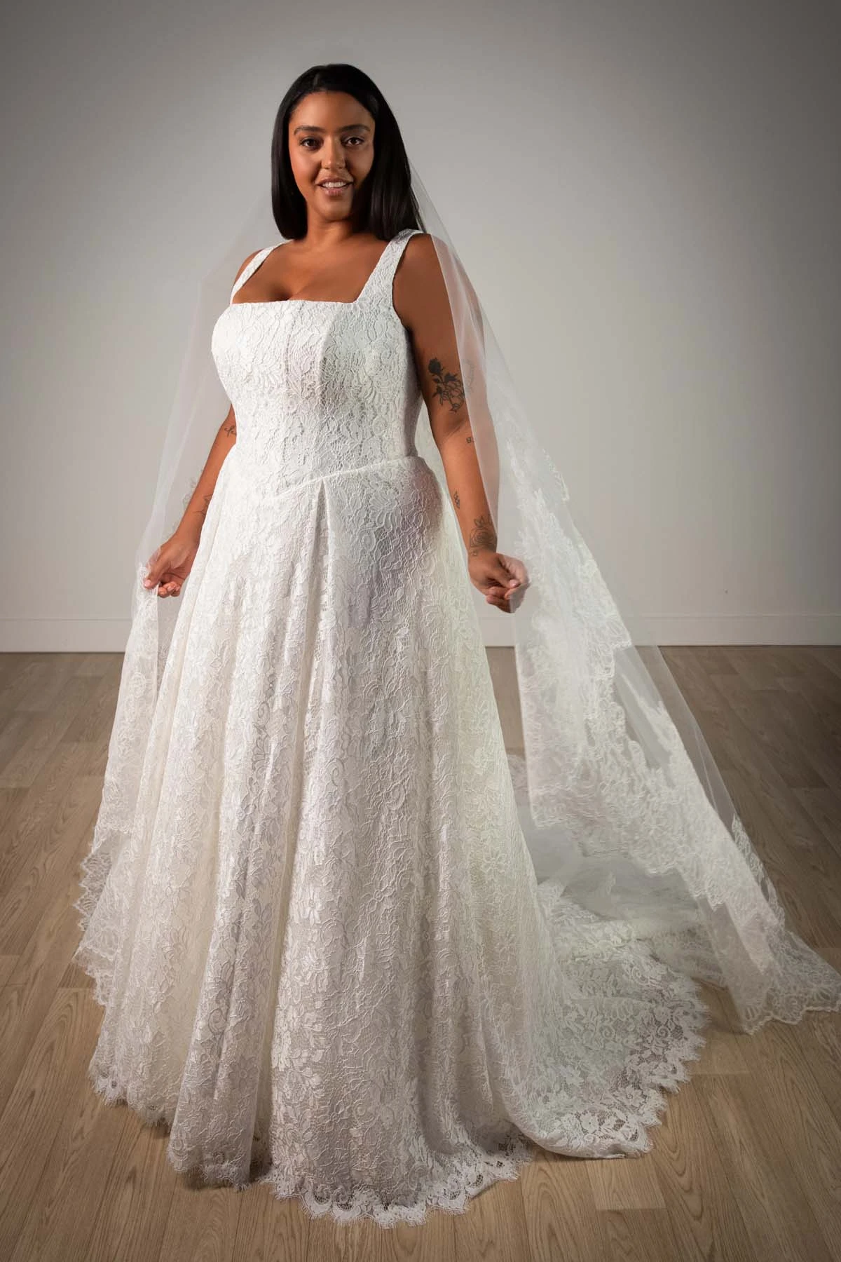 sy8344+ Plus Size Square Neckline Allover Lace A-Line Wedding Gown with Corset Bodice by Stella York