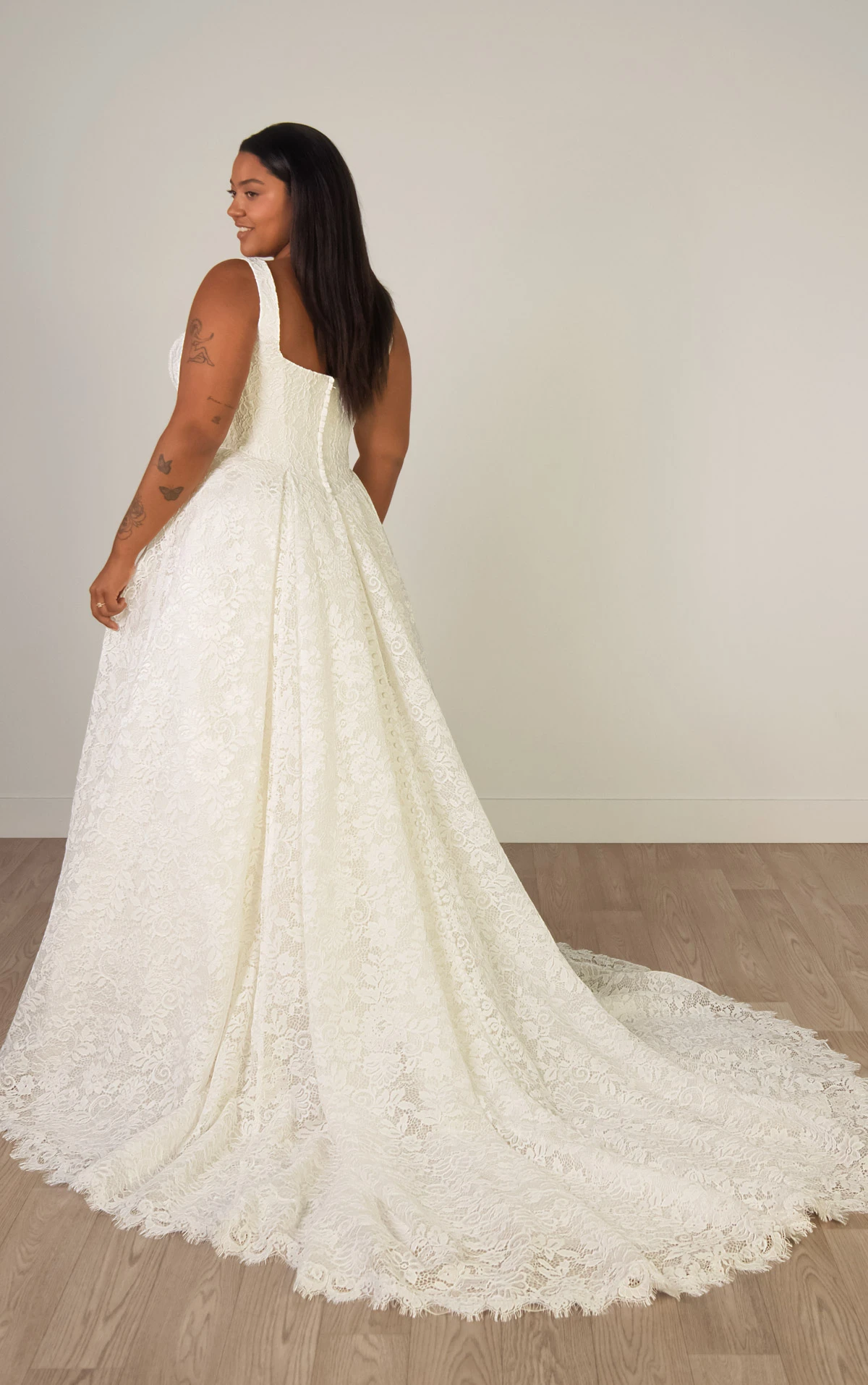 sy8344+ Plus Size Square Neckline Allover Lace A-Line Wedding Gown with Corset Bodice  by Stella York