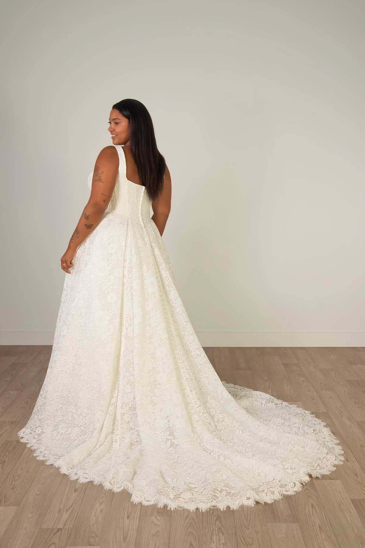 sy8344+ Plus Size Square Neckline Allover Lace A-Line Wedding Gown with Corset Bodice by Stella York