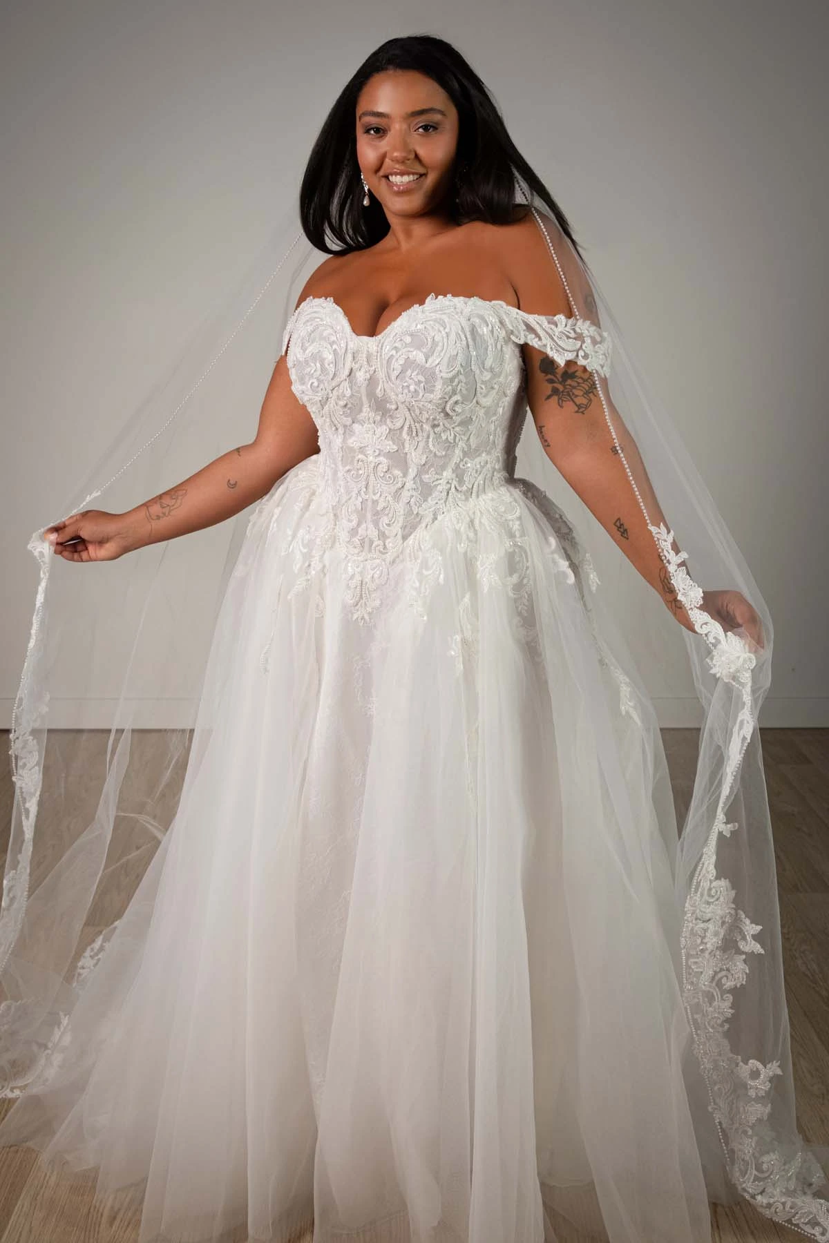 sy8345+ Plus Size Off-the-Shoulder Lace and Tulle A-Line Wedding Gown with Detachable Floral Straps by Stella York