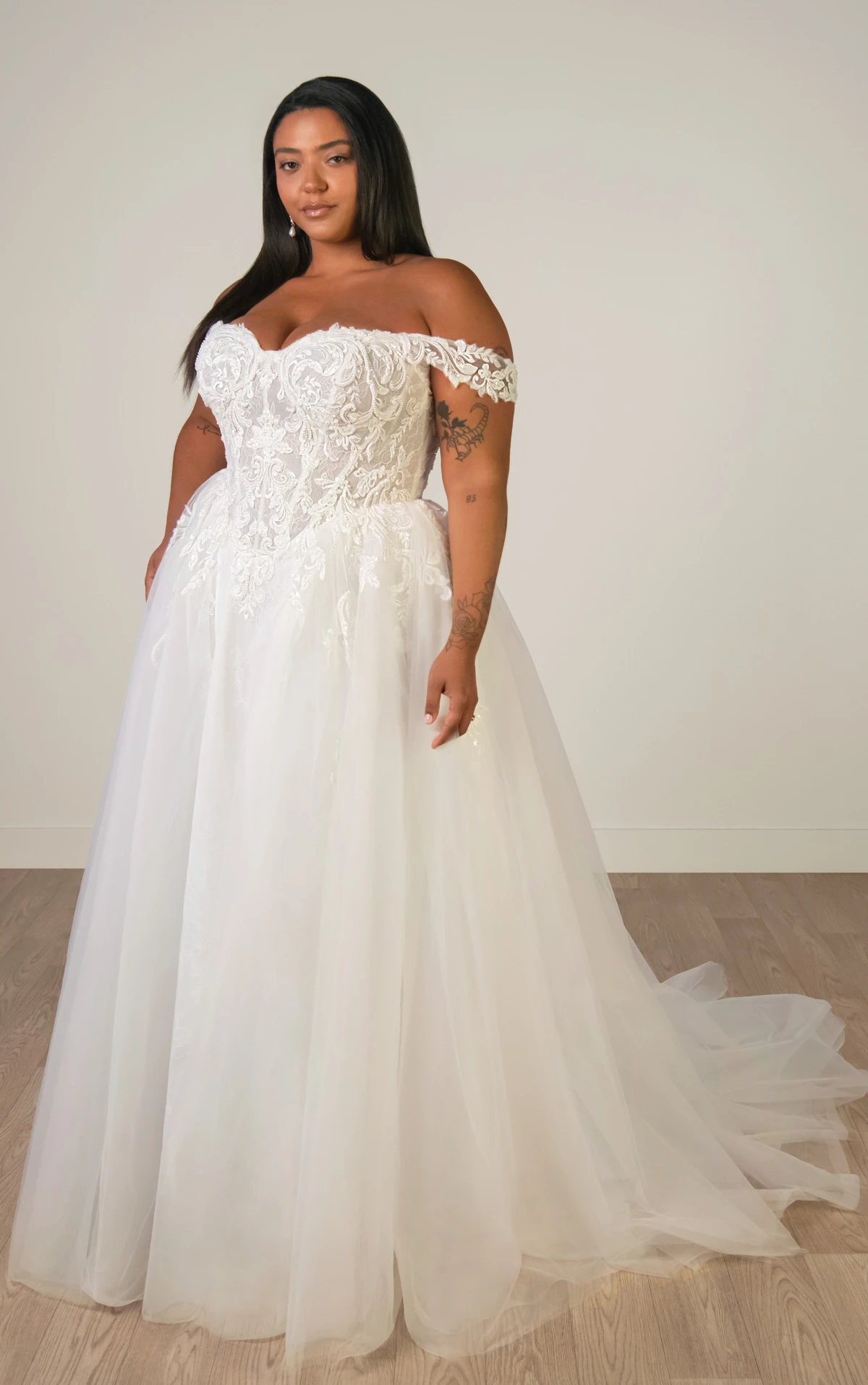 sy8345+ Plus Size Off-the-Shoulder Lace and Tulle A-Line Wedding Gown with Detachable Floral Straps  by Stella York