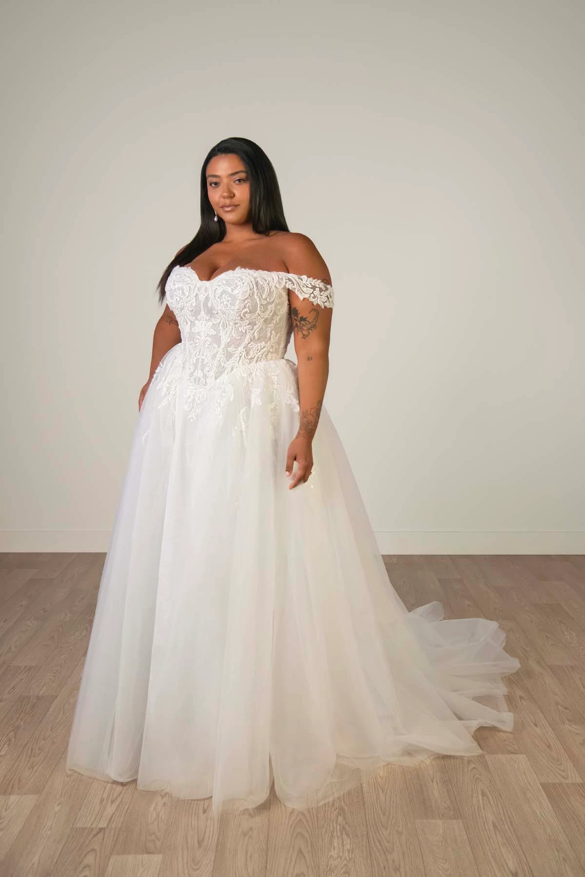 sy8345+ Plus Size Off-the-Shoulder Lace and Tulle A-Line Wedding Gown with Detachable Floral Straps by Stella York