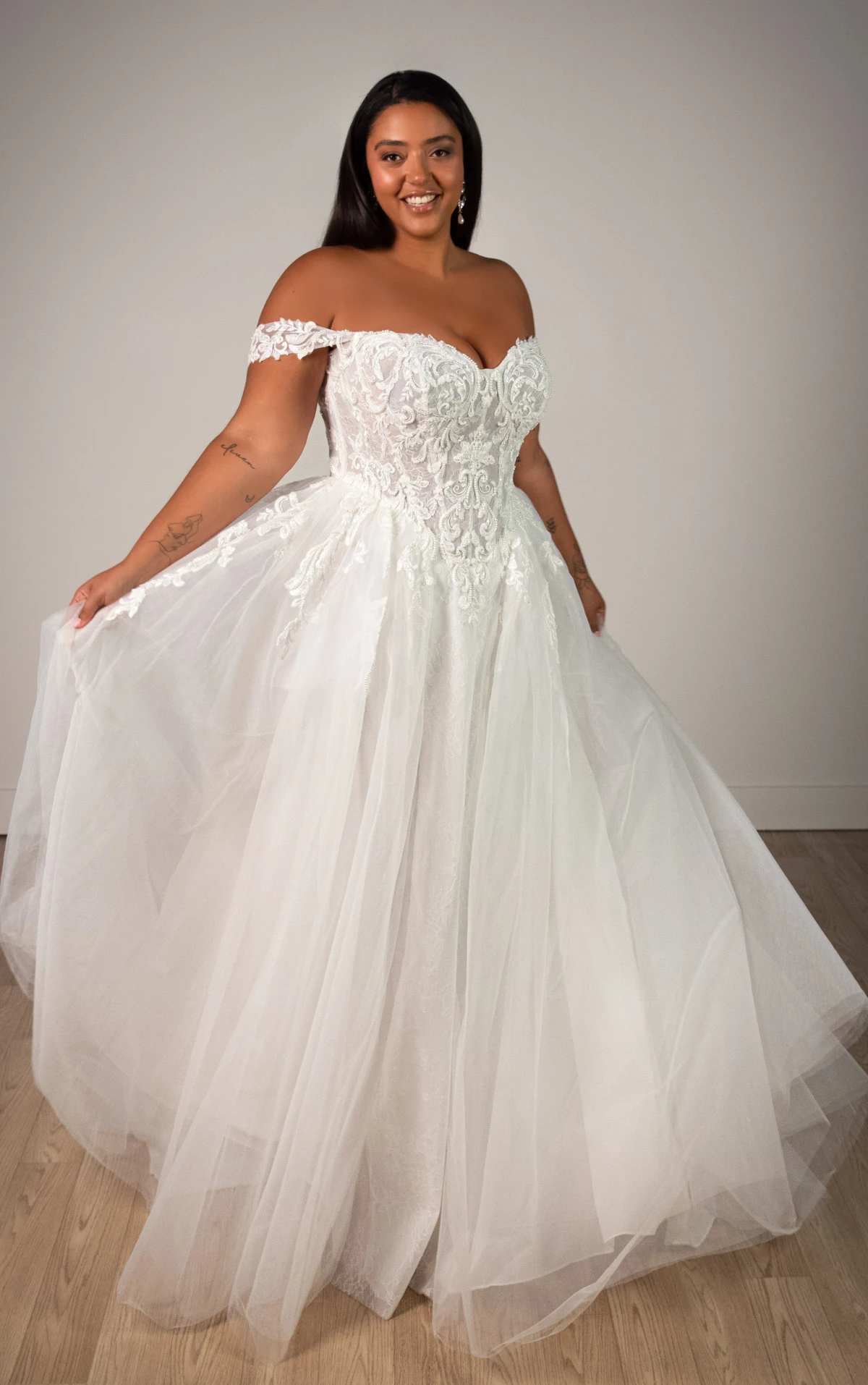 sy8345+ Plus Size Off-the-Shoulder Lace and Tulle A-Line Wedding Gown with Detachable Floral Straps  by Stella York