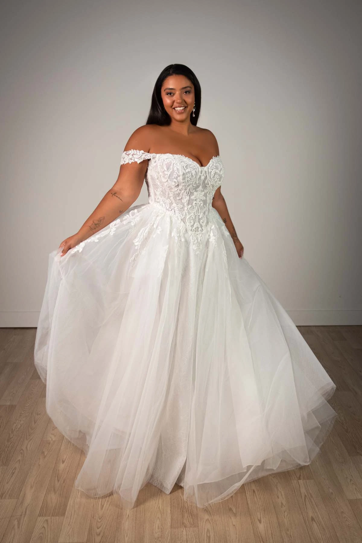 sy8345+ Plus Size Off-the-Shoulder Lace and Tulle A-Line Wedding Gown with Detachable Floral Straps by Stella York