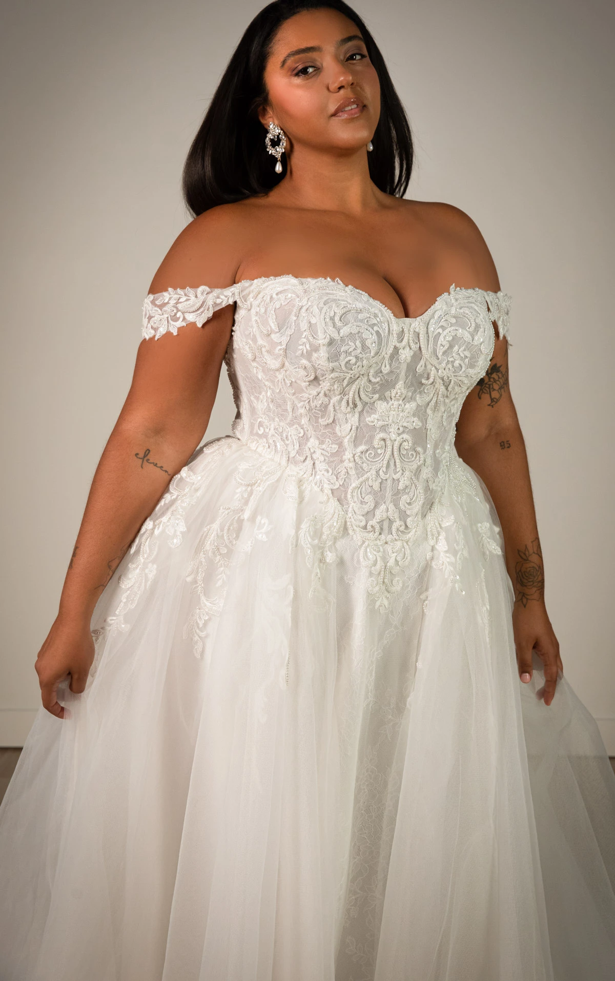 sy8345+ Plus Size Off-the-Shoulder Lace and Tulle A-Line Wedding Gown with Detachable Floral Straps  by Stella York