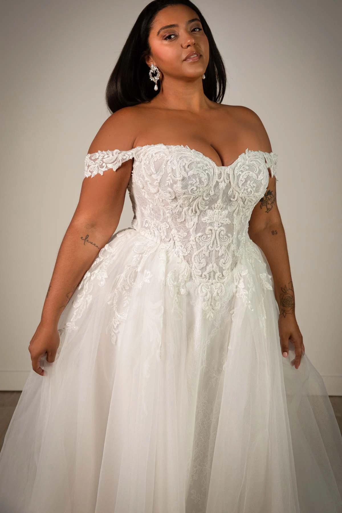 sy8345+ Plus Size Off-the-Shoulder Lace and Tulle A-Line Wedding Gown with Detachable Floral Straps by Stella York