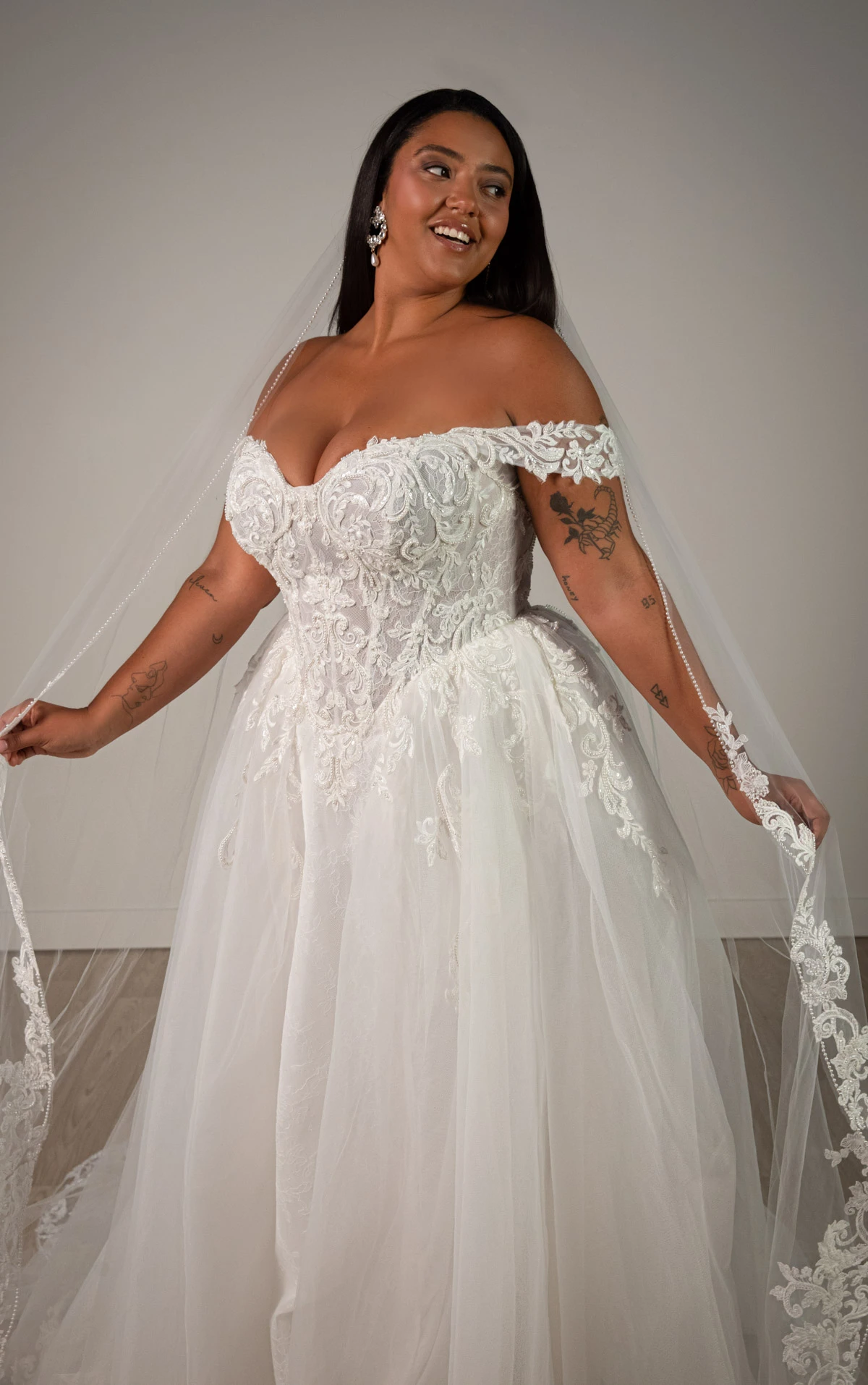 sy8345+ Plus Size Off-the-Shoulder Lace and Tulle A-Line Wedding Gown with Detachable Floral Straps  by Stella York