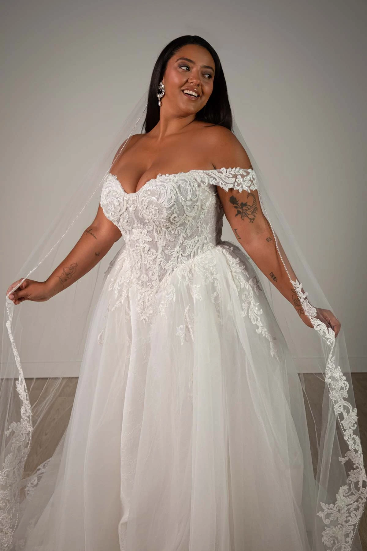 sy8345+ Plus Size Off-the-Shoulder Lace and Tulle A-Line Wedding Gown with Detachable Floral Straps by Stella York