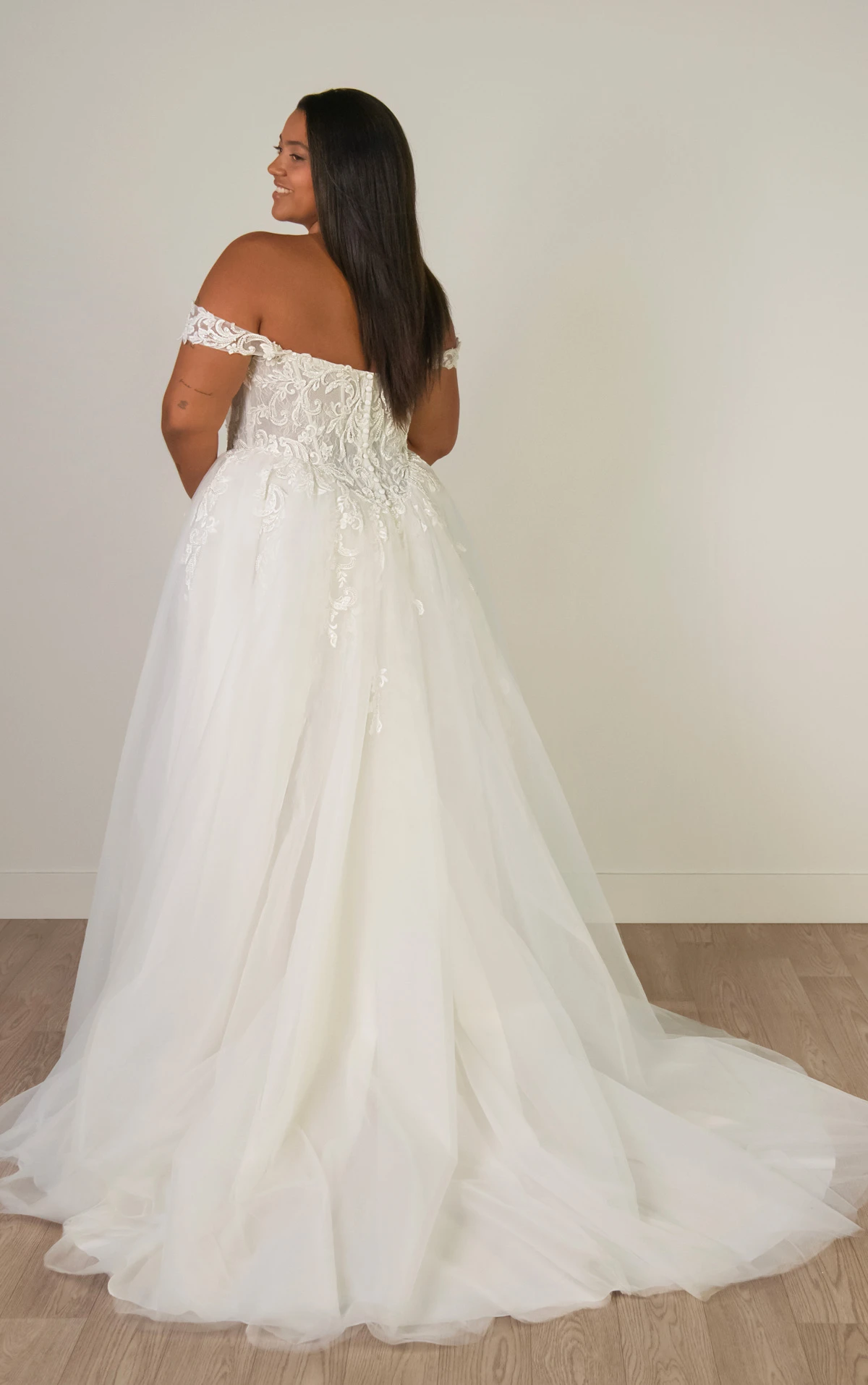 sy8345+ Plus Size Off-the-Shoulder Lace and Tulle A-Line Wedding Gown with Detachable Floral Straps  by Stella York