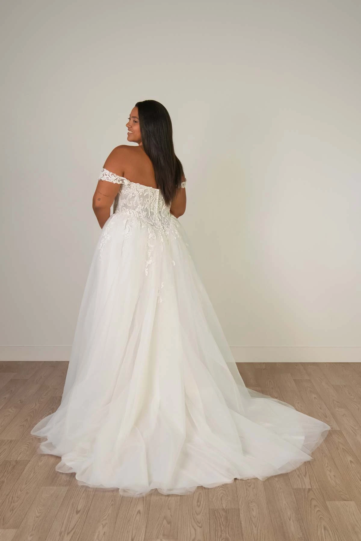 sy8345+ Plus Size Off-the-Shoulder Lace and Tulle A-Line Wedding Gown with Detachable Floral Straps by Stella York
