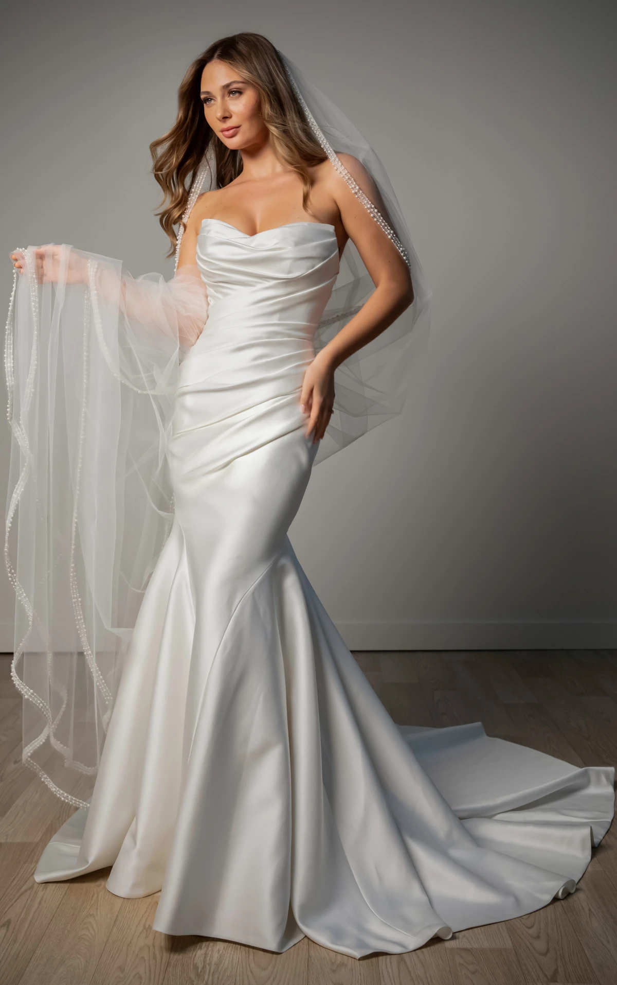 sy8346 Strapless Mikado Fit-and-Flare Wedding Gown with Ruched Bodice by Stella York