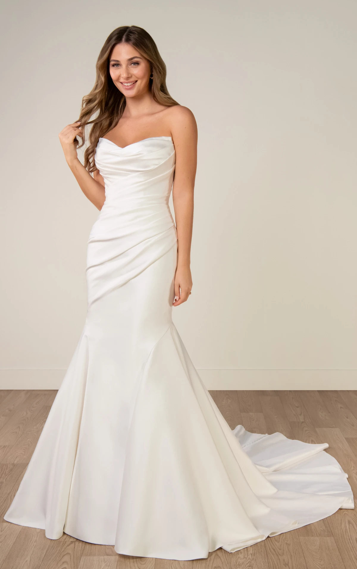sy8346 Strapless Mikado Fit-and-Flare Wedding Gown with Ruched Bodice by Stella York