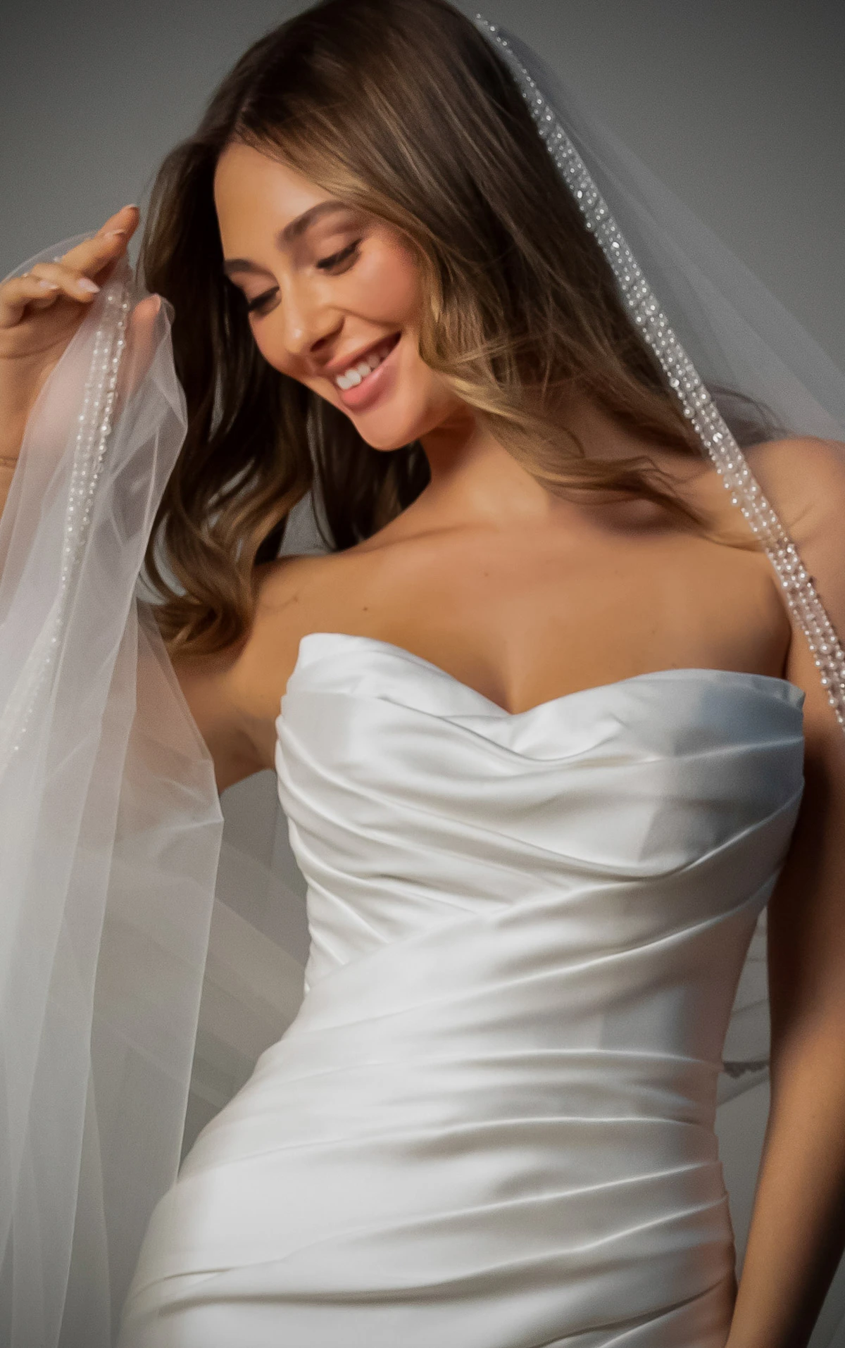 sy8346 Strapless Mikado Fit-and-Flare Wedding Gown with Ruched Bodice by Stella York
