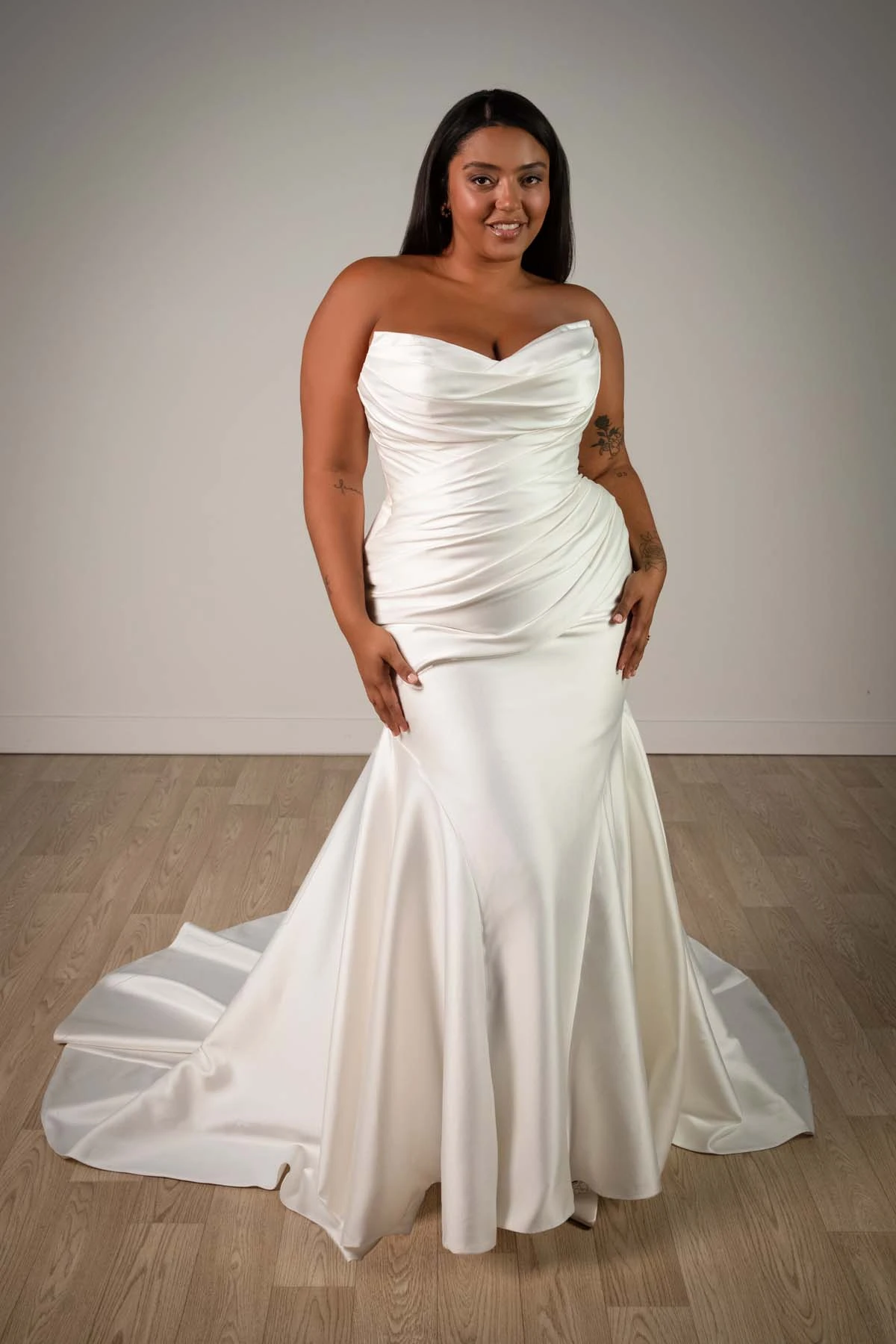 sy8346+ Plus Size Strapless Mikado Fit-and-Flare Wedding Gown with Ruched Bodice by Stella York
