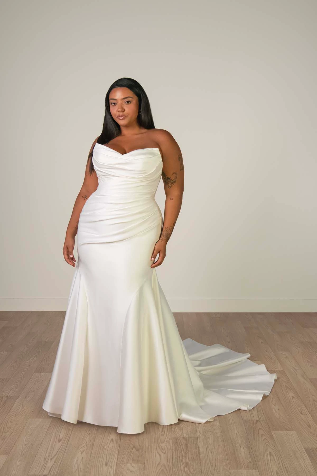 sy8346+ Plus Size Strapless Mikado Fit-and-Flare Wedding Gown with Ruched Bodice by Stella York