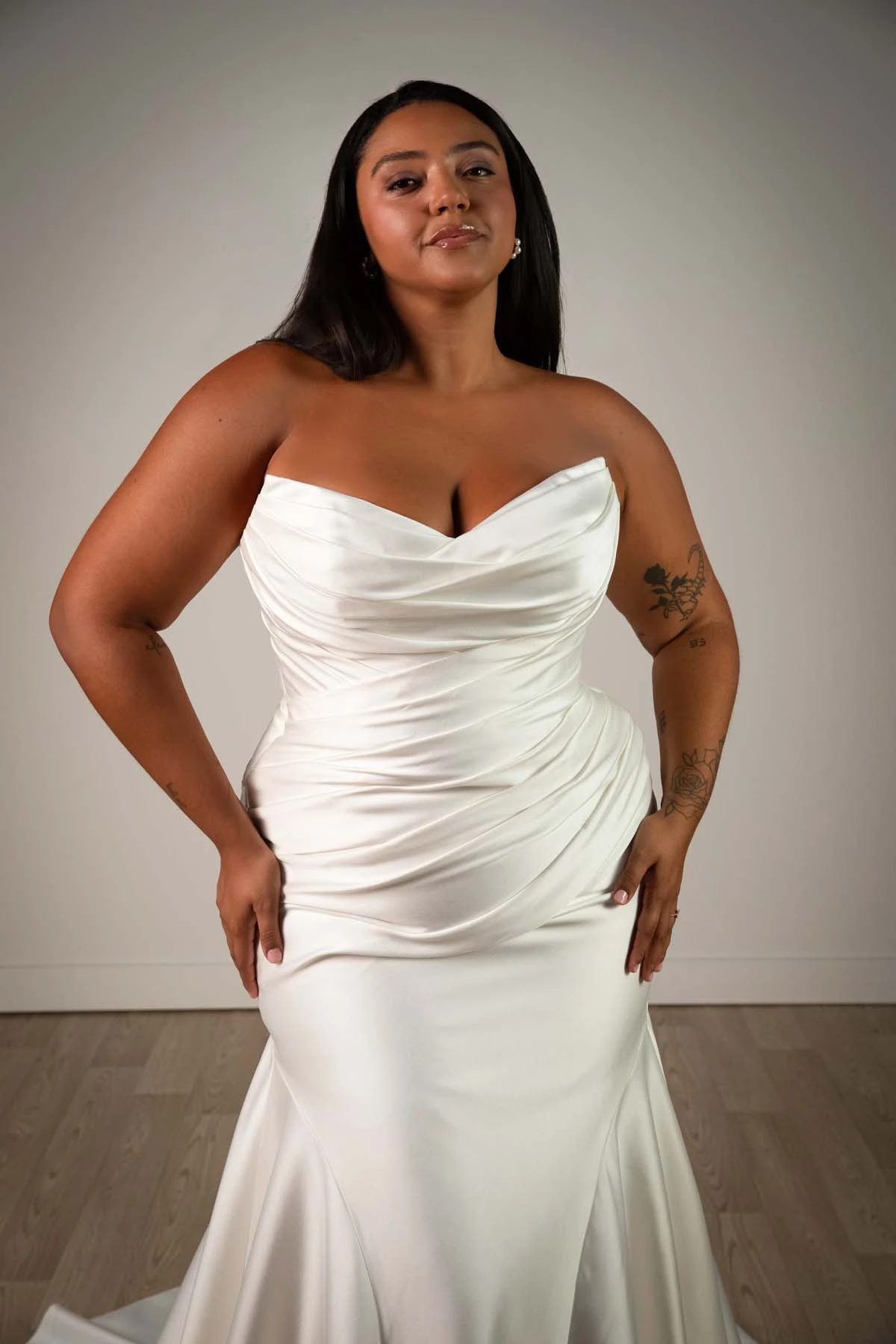 sy8346+ Plus Size Strapless Mikado Fit-and-Flare Wedding Gown with Ruched Bodice by Stella York