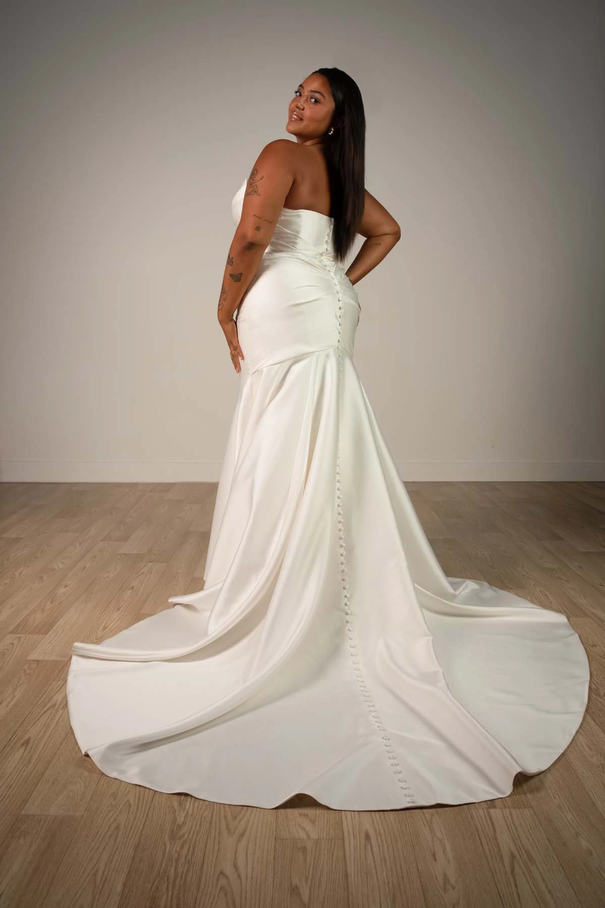 sy8346+ Plus Size Strapless Mikado Fit-and-Flare Wedding Gown with Ruched Bodice by Stella York