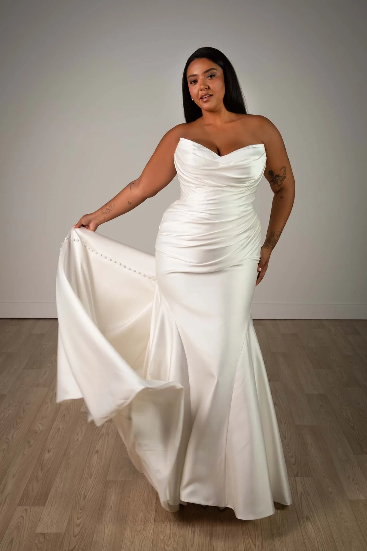 sy8346+ Plus Size Strapless Mikado Fit-and-Flare Wedding Gown with Ruched Bodice by Stella York