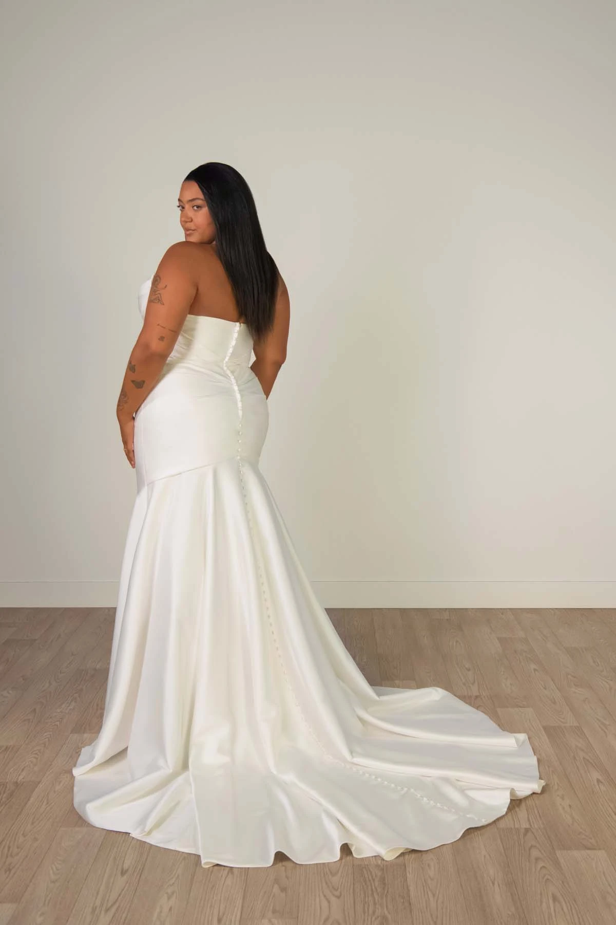 sy8346+ Plus Size Strapless Mikado Fit-and-Flare Wedding Gown with Ruched Bodice by Stella York