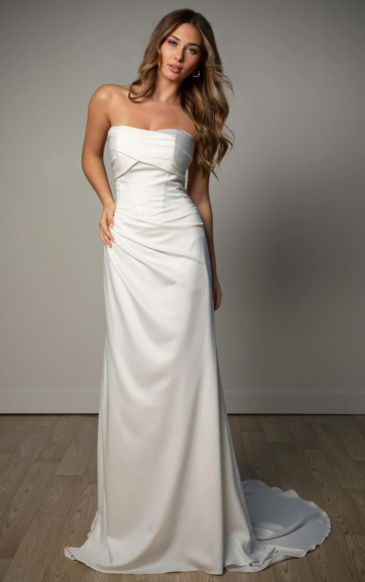 sy8347 Sculptural Soft Satin Strapless Column Wedding Dress by Stella York