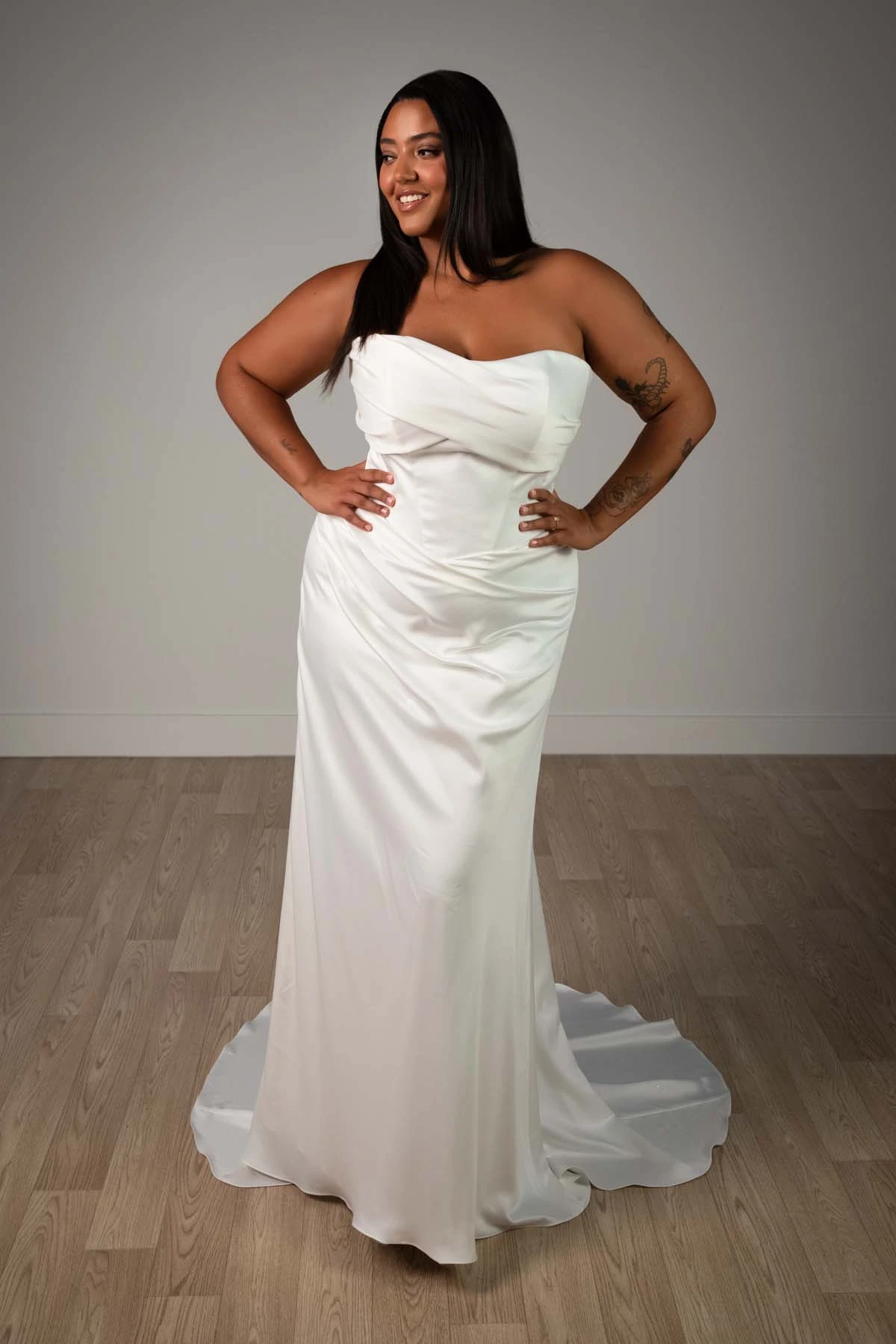 sy8347+ Plus Size Sculptural Soft Satin Strapless Column Wedding Dress by Stella York
