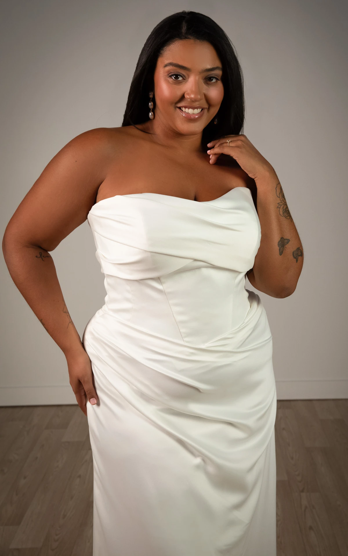 sy8347+ Plus Size Sculptural Soft Satin Strapless Column Wedding Dress by Stella York