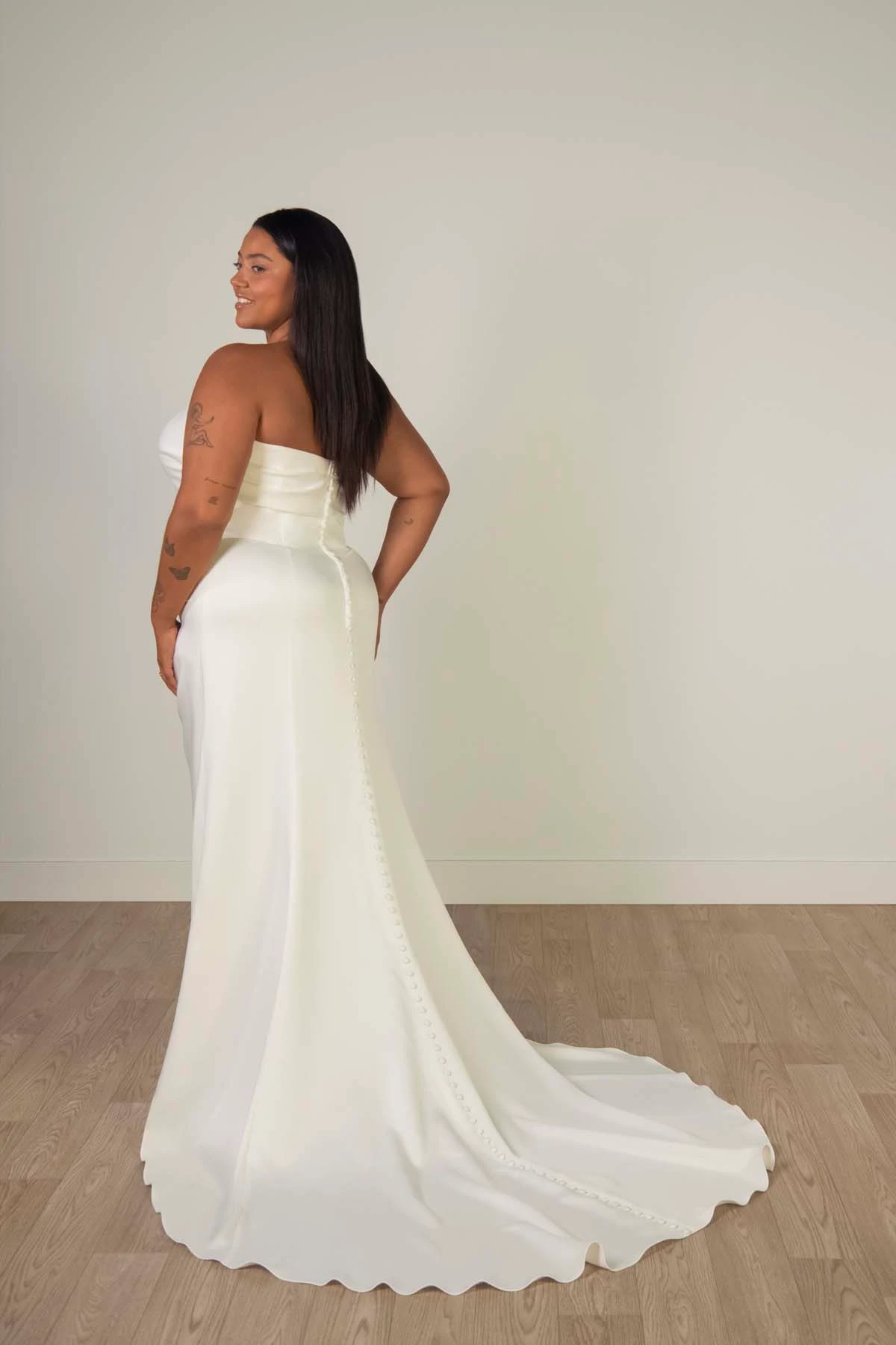 sy8347+ Plus Size Sculptural Soft Satin Strapless Column Wedding Dress by Stella York