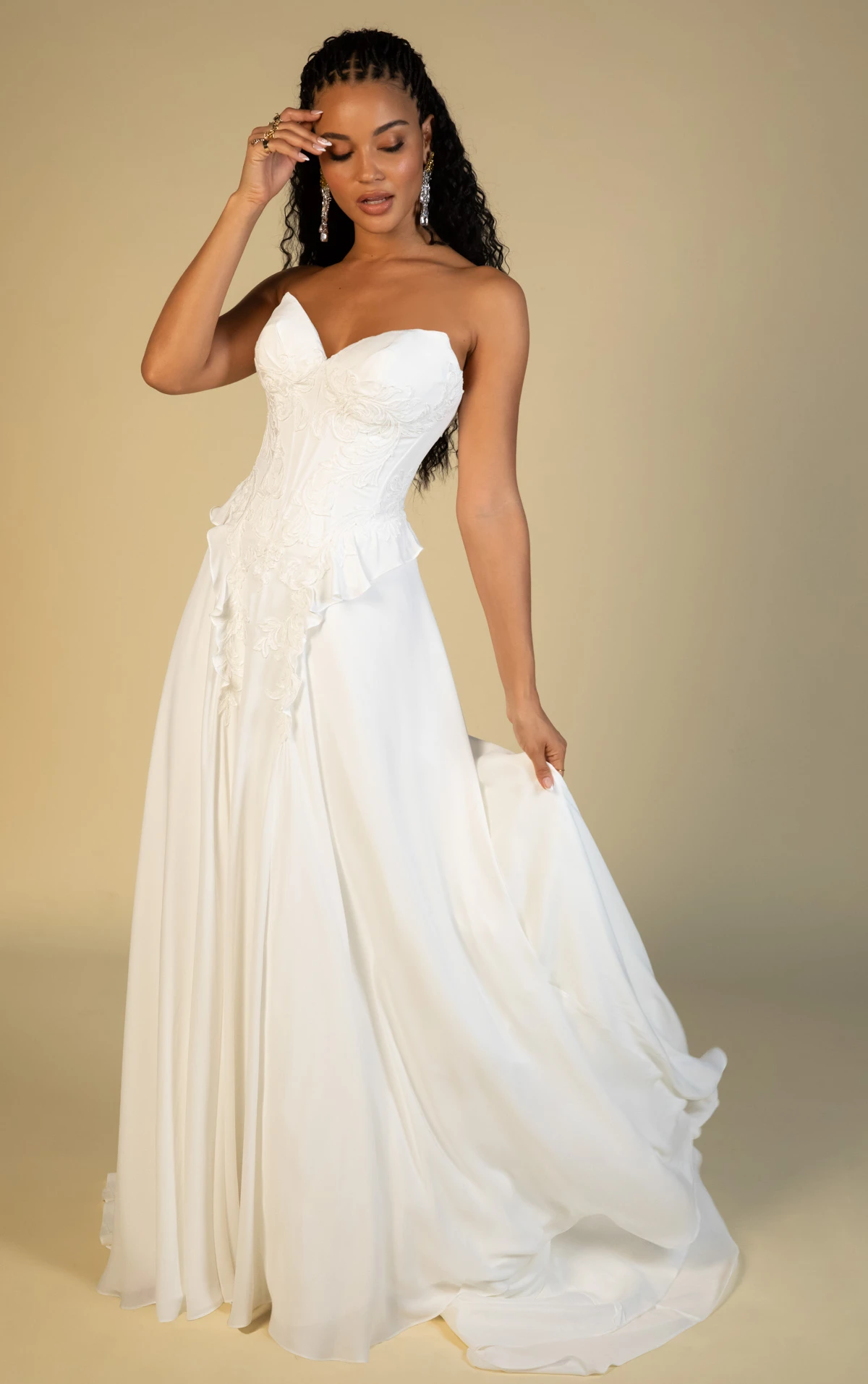 sedona Strapless Lace and Chiffon A-Line Wedding Gown with Cascading Ruffle Detail  by All Who Wander