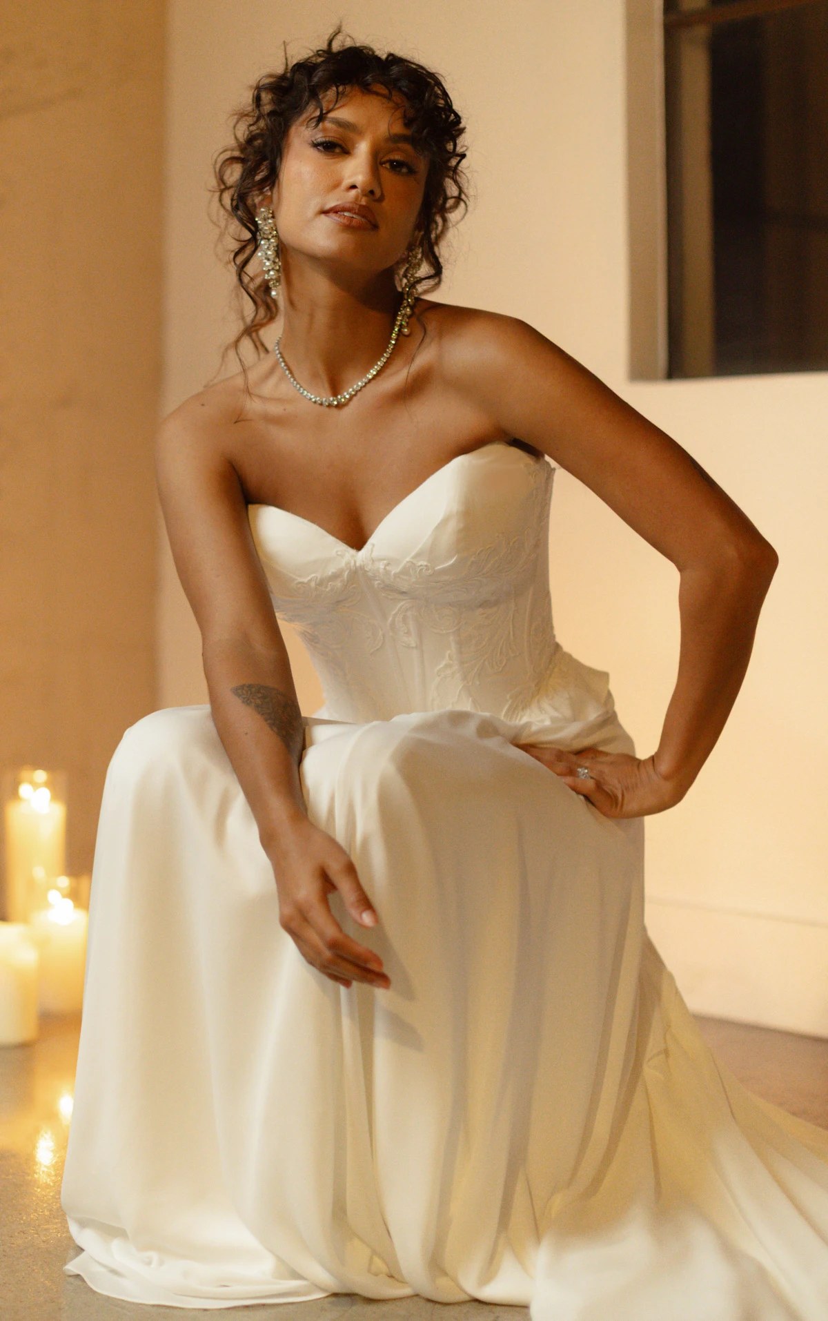 sedona Strapless Lace and Chiffon A-Line Wedding Gown with Cascading Ruffle Detail  by All Who Wander