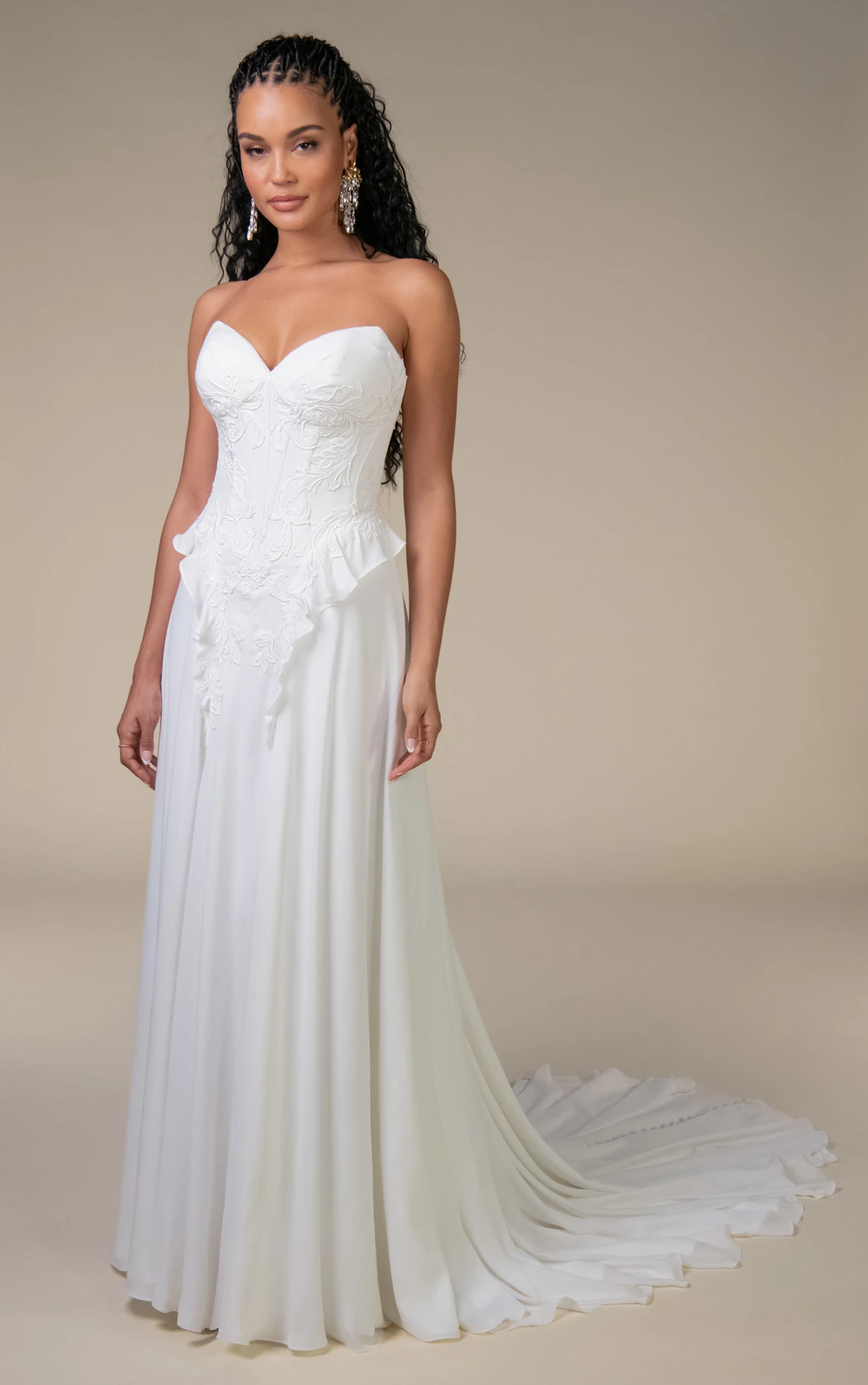 sedona Strapless Lace and Chiffon A-Line Wedding Gown with Cascading Ruffle Detail  by All Who Wander