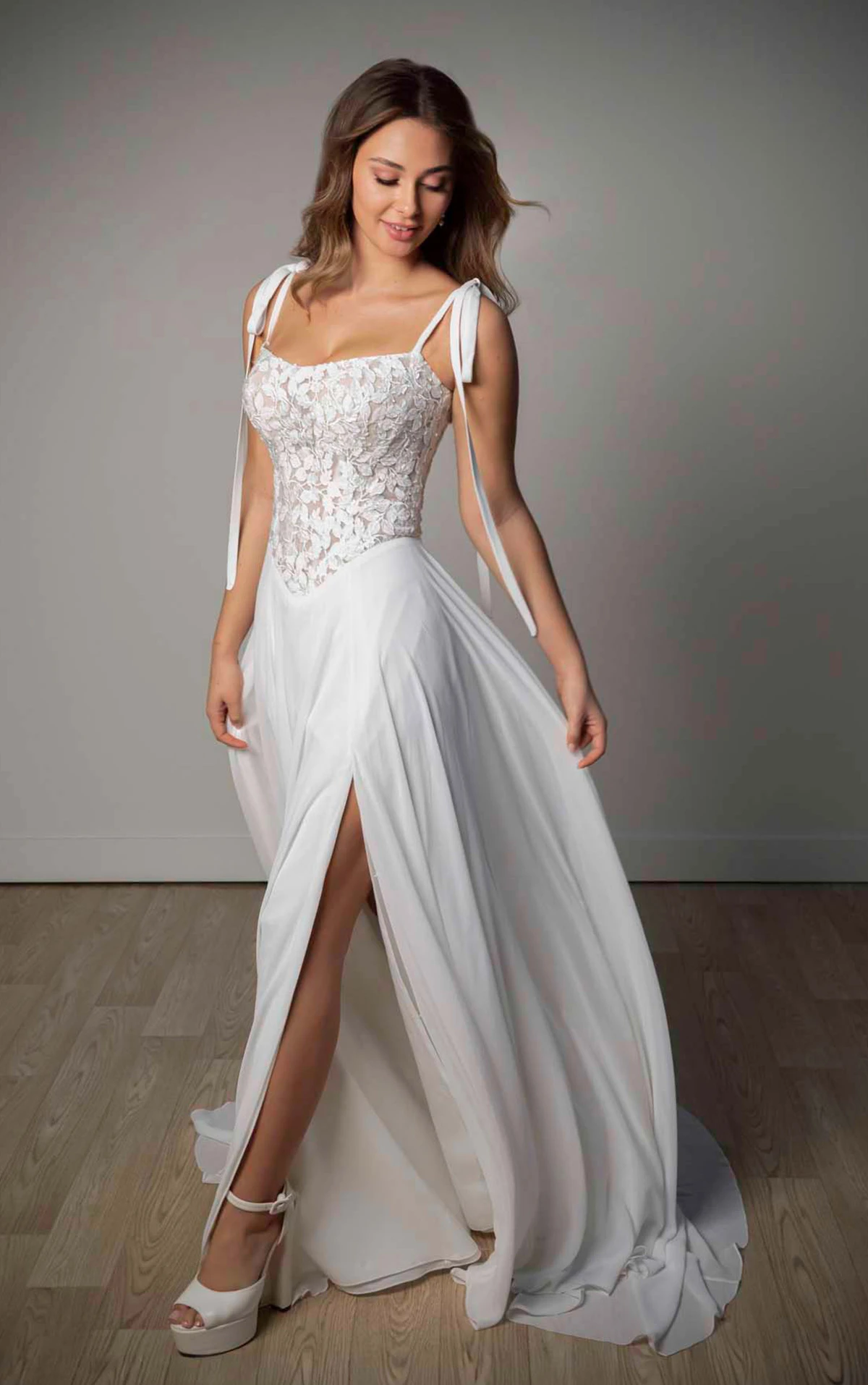 Lace and Matte Chiffon A-Line Wedding Gown with Tie Straps, SY8343, byStella York