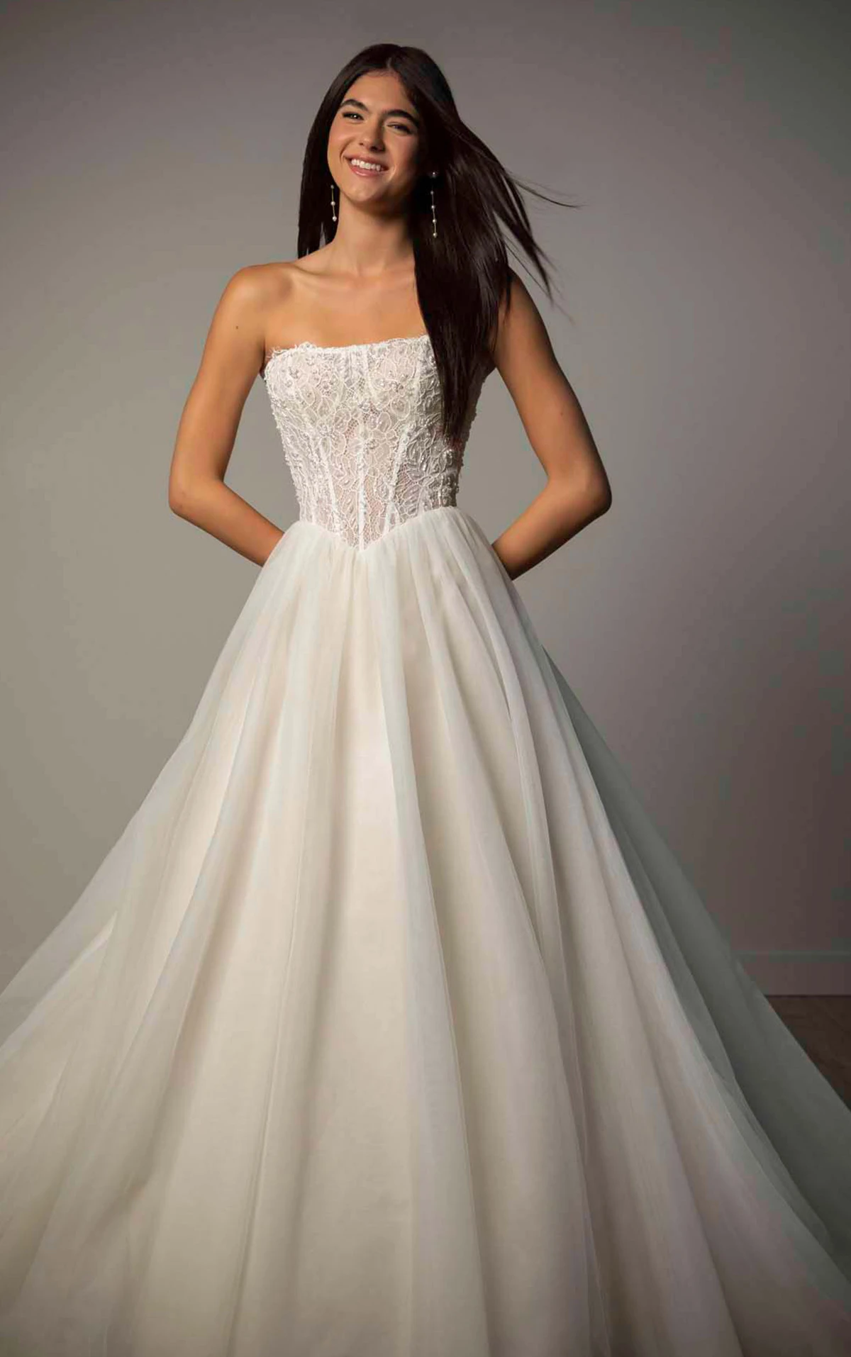Strapless Lace and Tulle A-Line Wedding Gown with Beaded Corset Bodice, SY8342, byStella York