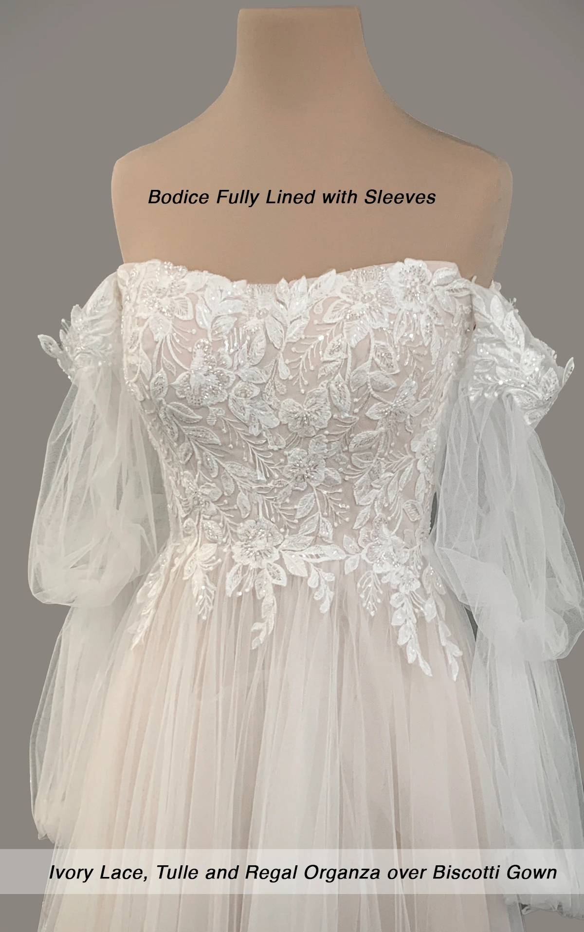 7573 Boho A-Line Wedding Dress with Lace and Tulle Off-the-Shoulder Sleeves by Stella York